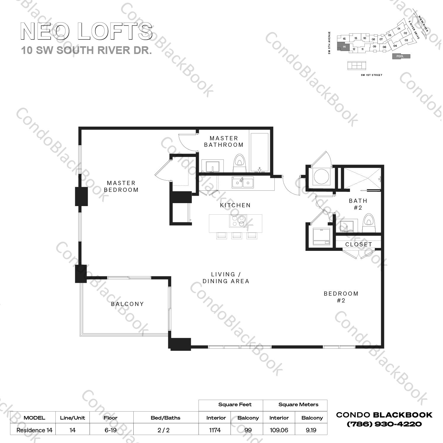 Floor plan for Neo Lofts Miami River Miami, model Residence 14, line 14, 2 / 2 bedrooms, 1174 sq ft