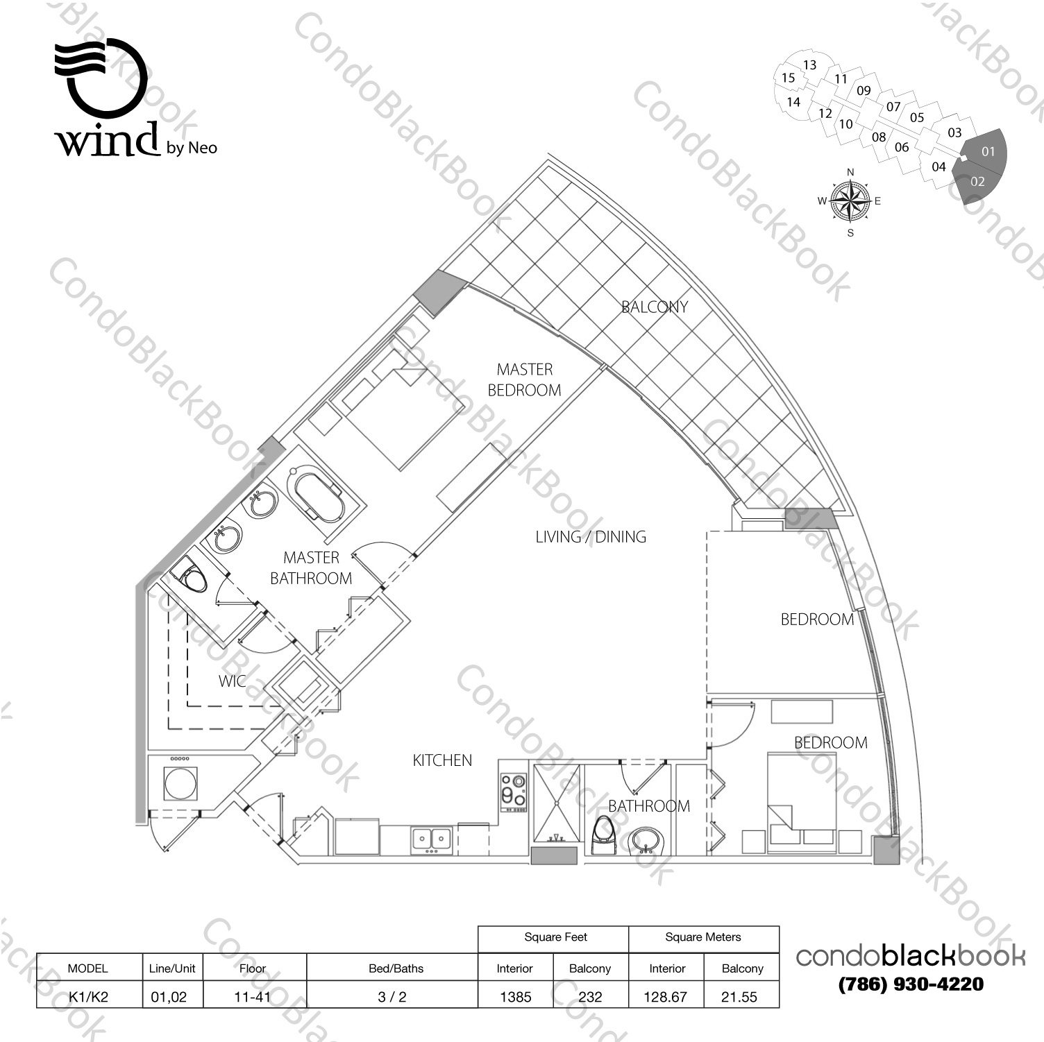 Floor plan for Wind by Neo Miami River Miami, model K1/K2, line 01,02, 3 / 2 bedrooms, 1385 sq ft