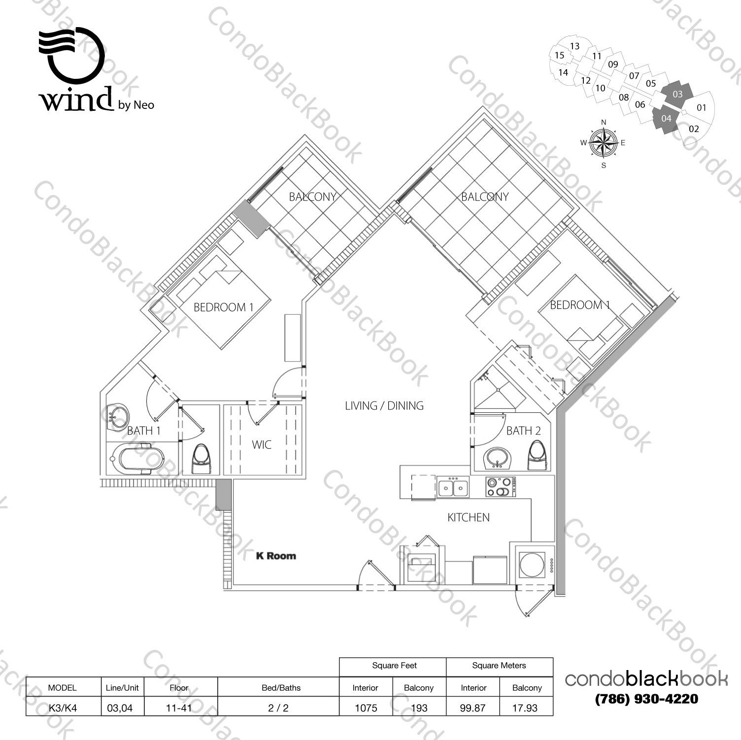 Floor plan for Wind by Neo Miami River Miami, model K3/K4, line 03,04, 2 / 2 bedrooms, 1075 sq ft