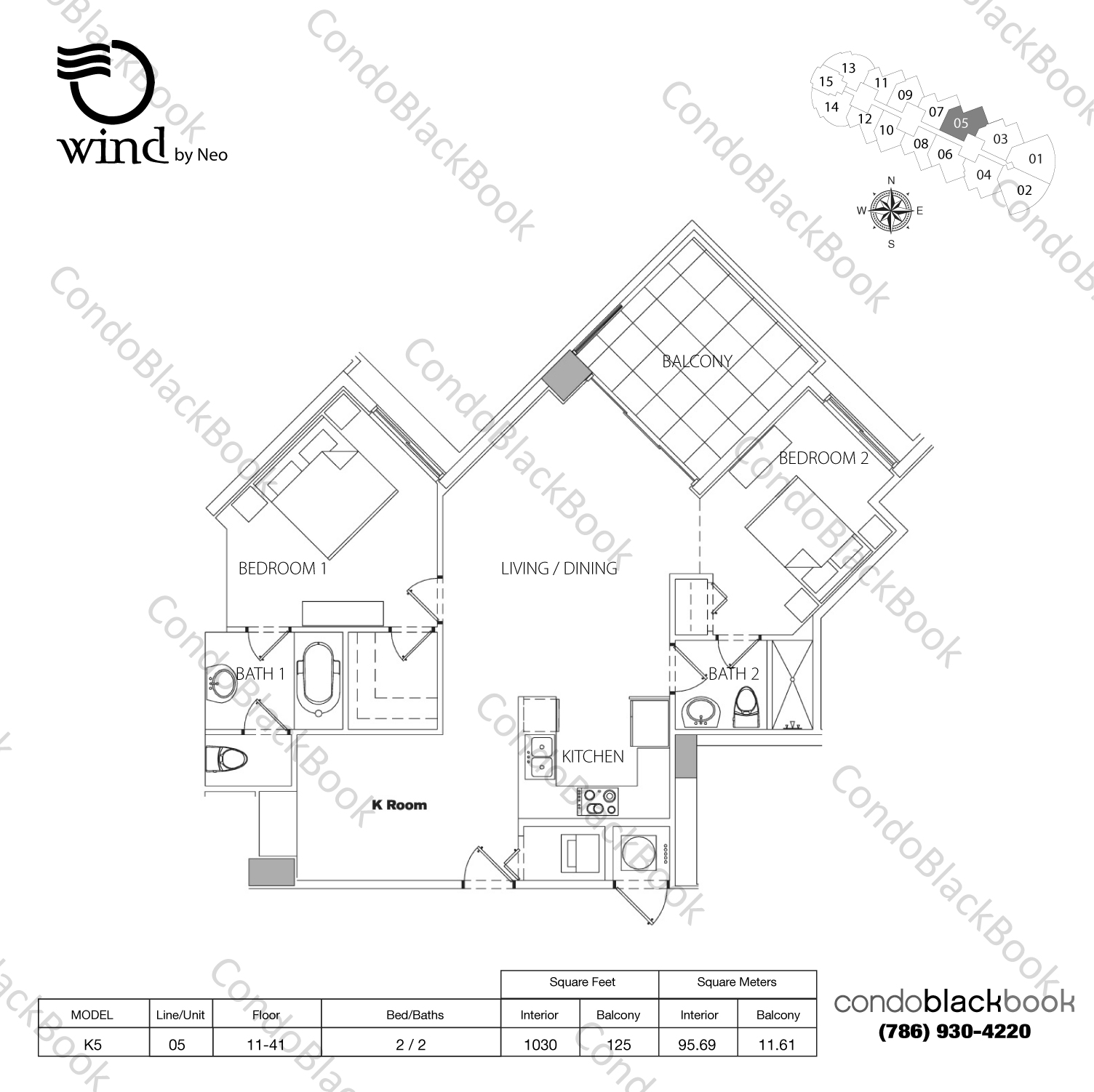Floor plan for Wind by Neo Miami River Miami, model K5, line 05, 2 / 2 bedrooms, 1030 sq ft