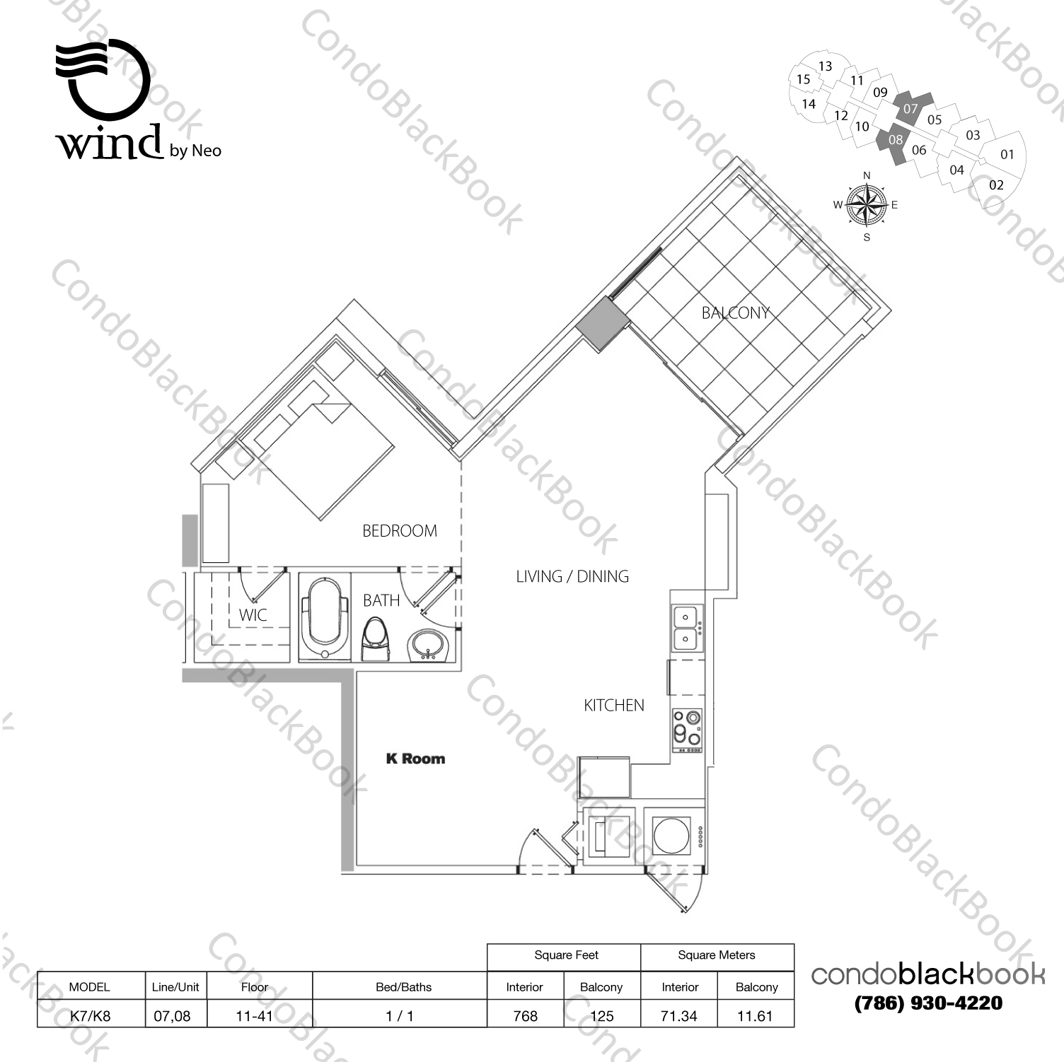 Floor plan for Wind by Neo Miami River Miami, model K7/K8, line 07,08, 1 / 1 bedrooms, 768 sq ft