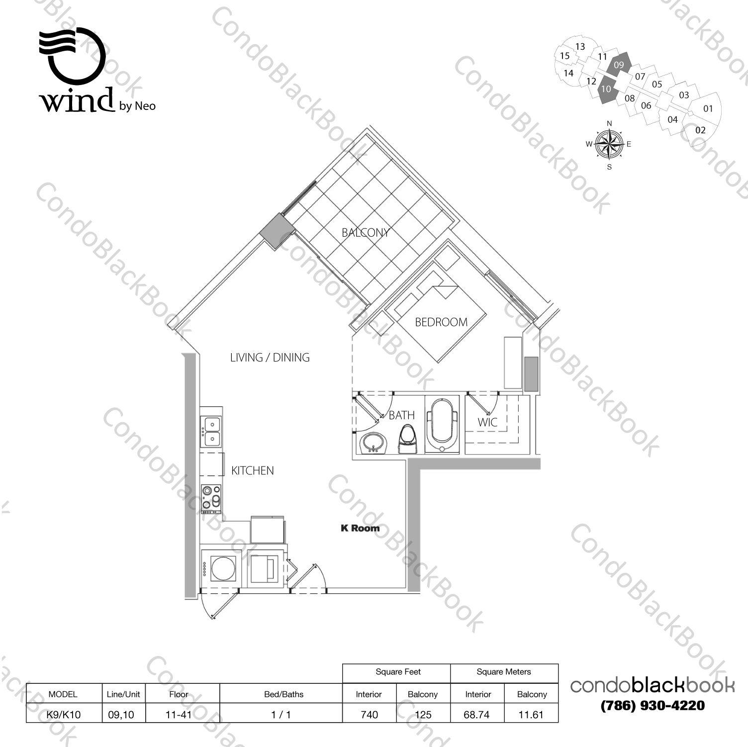 Floor plan for Wind by Neo Miami River Miami, model K9/K10, line 09,10, 1 / 1 bedrooms, 740 sq ft