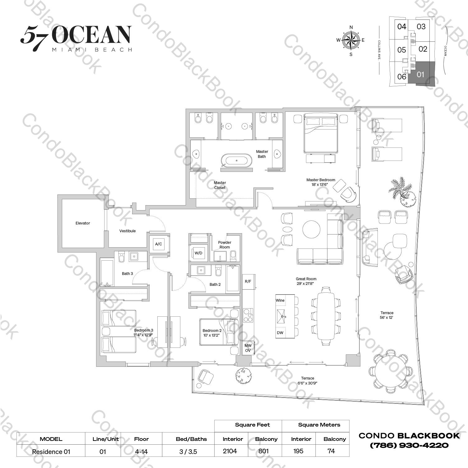 Floor plan for 57 Ocean Mid-Beach Miami Beach, model Residence 01, line 01, 3 / 3.5 bedrooms, 2104 sq ft