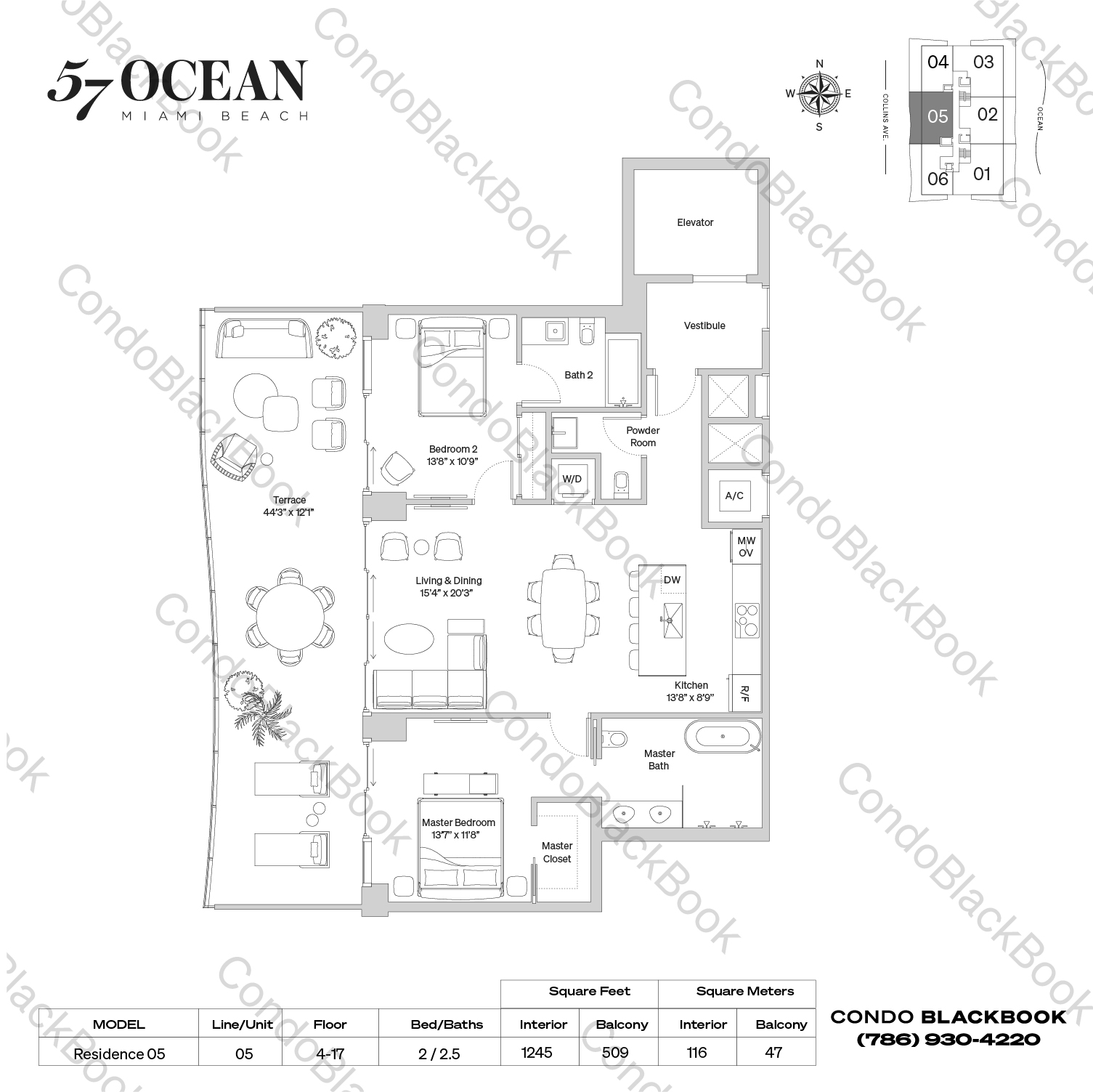 Floor plan for 57 Ocean Mid-Beach Miami Beach, model Residence 05, line 05, 2 / 2.5 bedrooms, 1245 sq ft