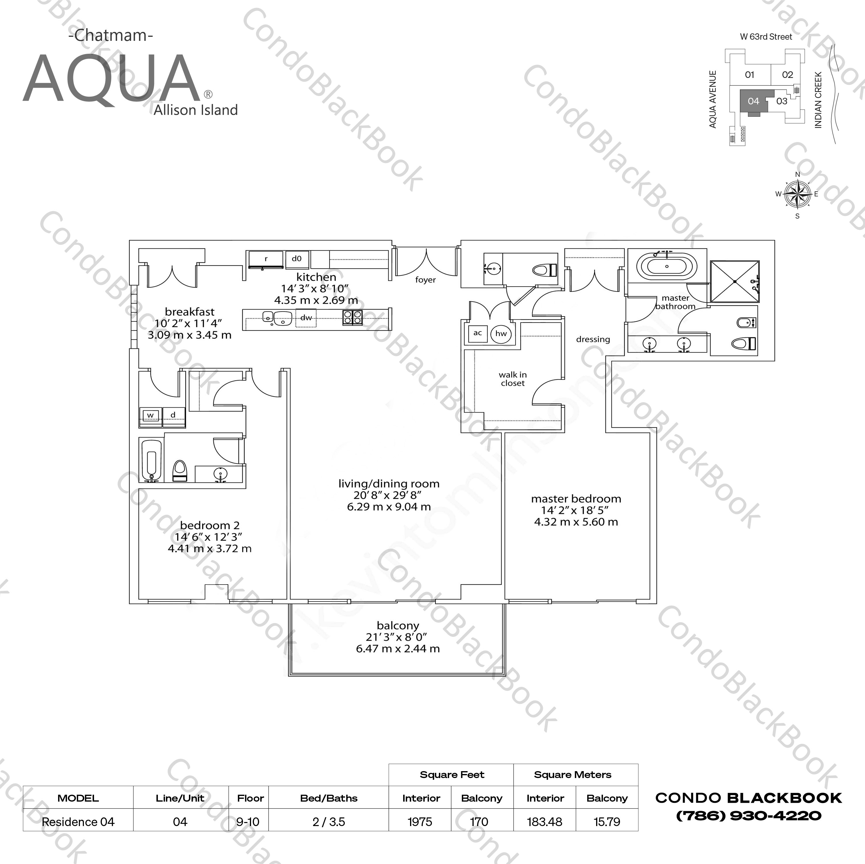 Floor plan for Aqua Allison Island - Chatham Condo Mid-Beach Miami Beach, model Residence 04, line 04, 2 / 3.5 bedrooms, 1975 sq ft