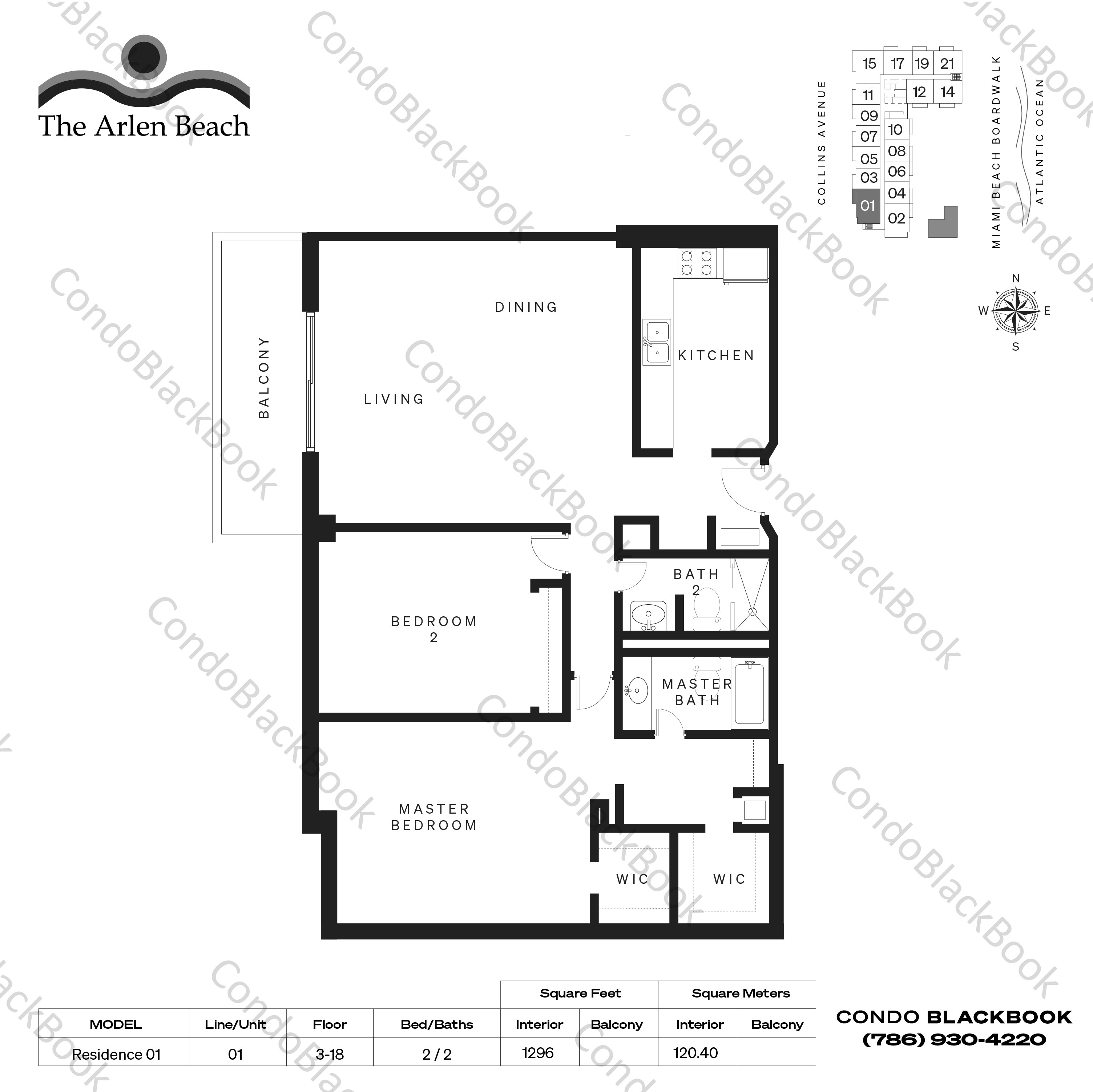 Floor plan for Arlen Beach Mid-Beach Miami Beach, model Residence 01, line 01, 2 / 2 bedrooms, 1296 sq ft
