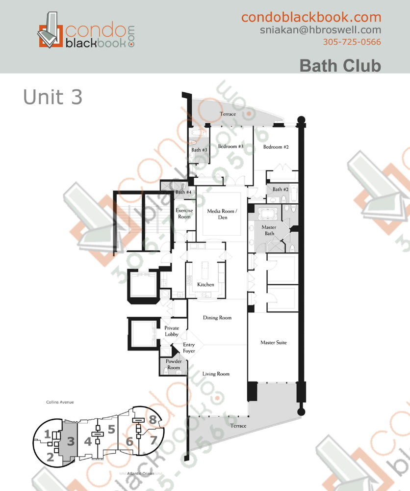 Floor plan for Bath Club Mid-Beach Miami Beach, model C, line 03, 3/4.5 +Den+Media Room+exercise room bedrooms, 3620 sq ft