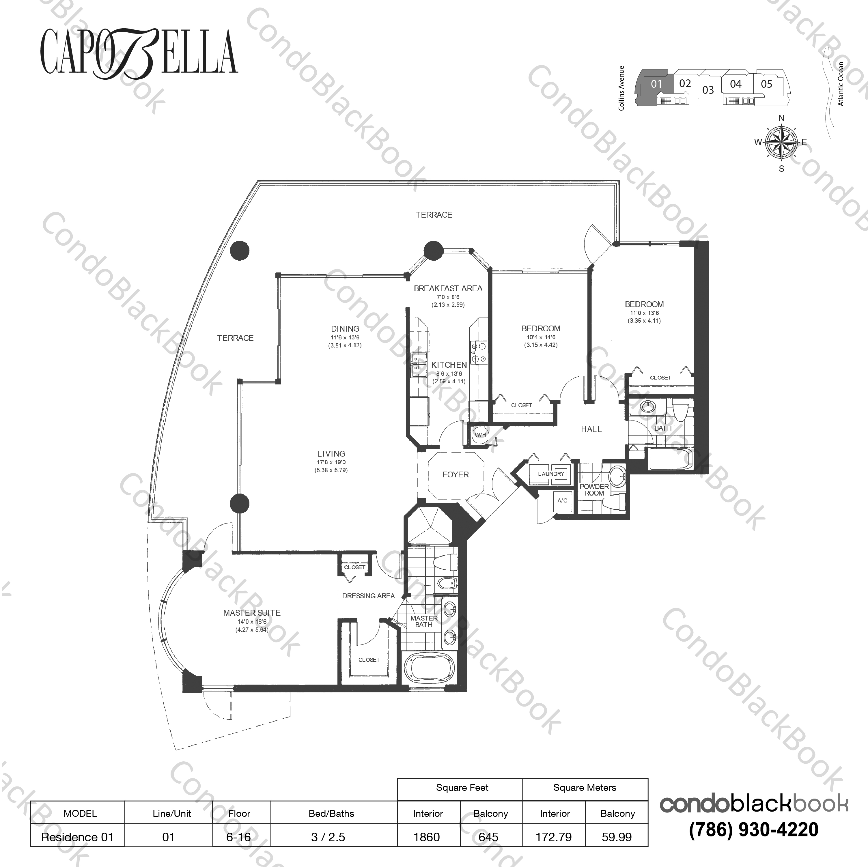 Floor plan for Capobella Mid-Beach Miami Beach, model Residence 01, line 01, 3 / 2.5 bedrooms, 1860 sq ft