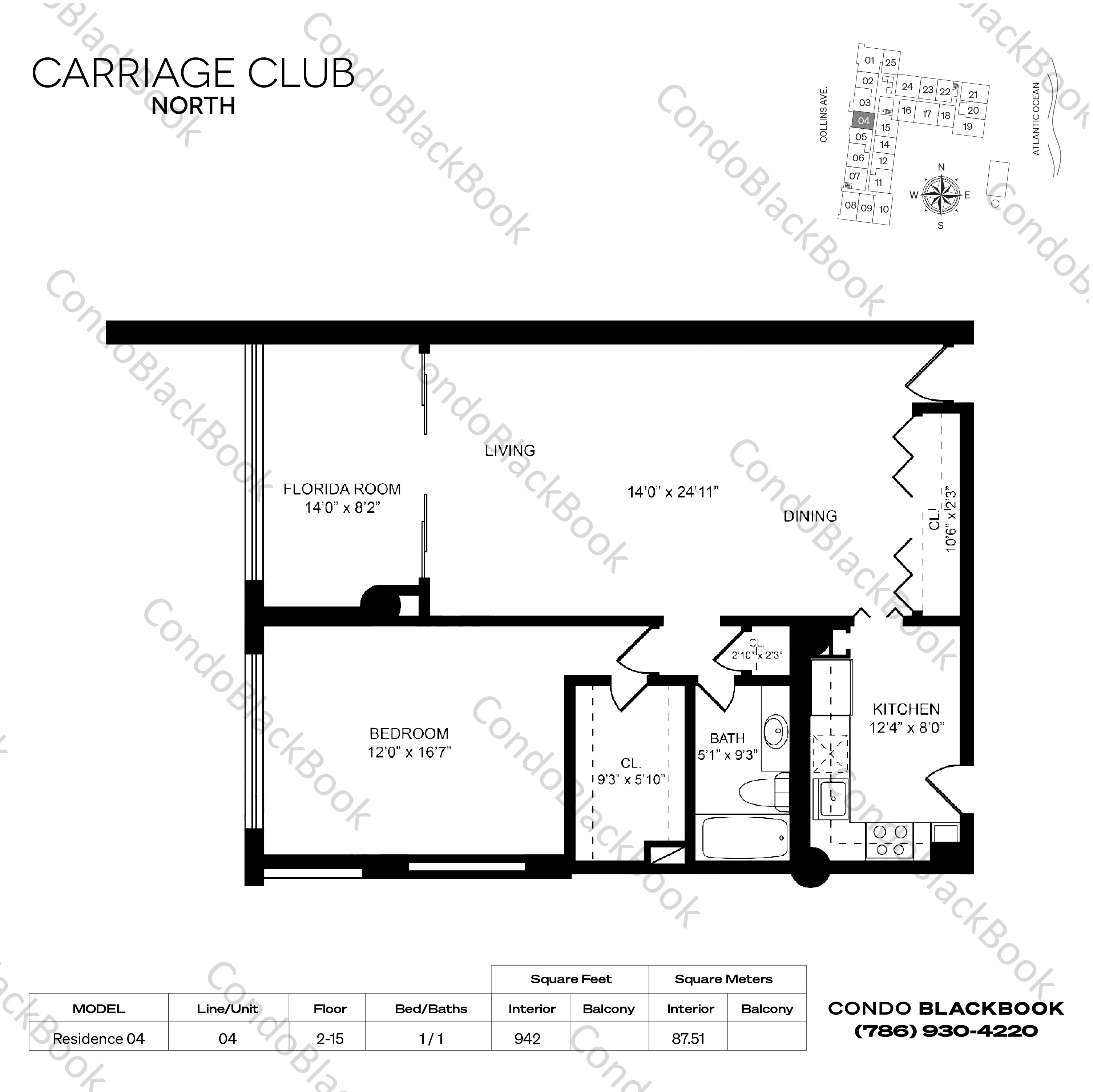 Floor plan for Carriage Club North Mid-Beach Miami Beach, model Residence 04, line 04, 1 / 1 bedrooms, 942 sq ft