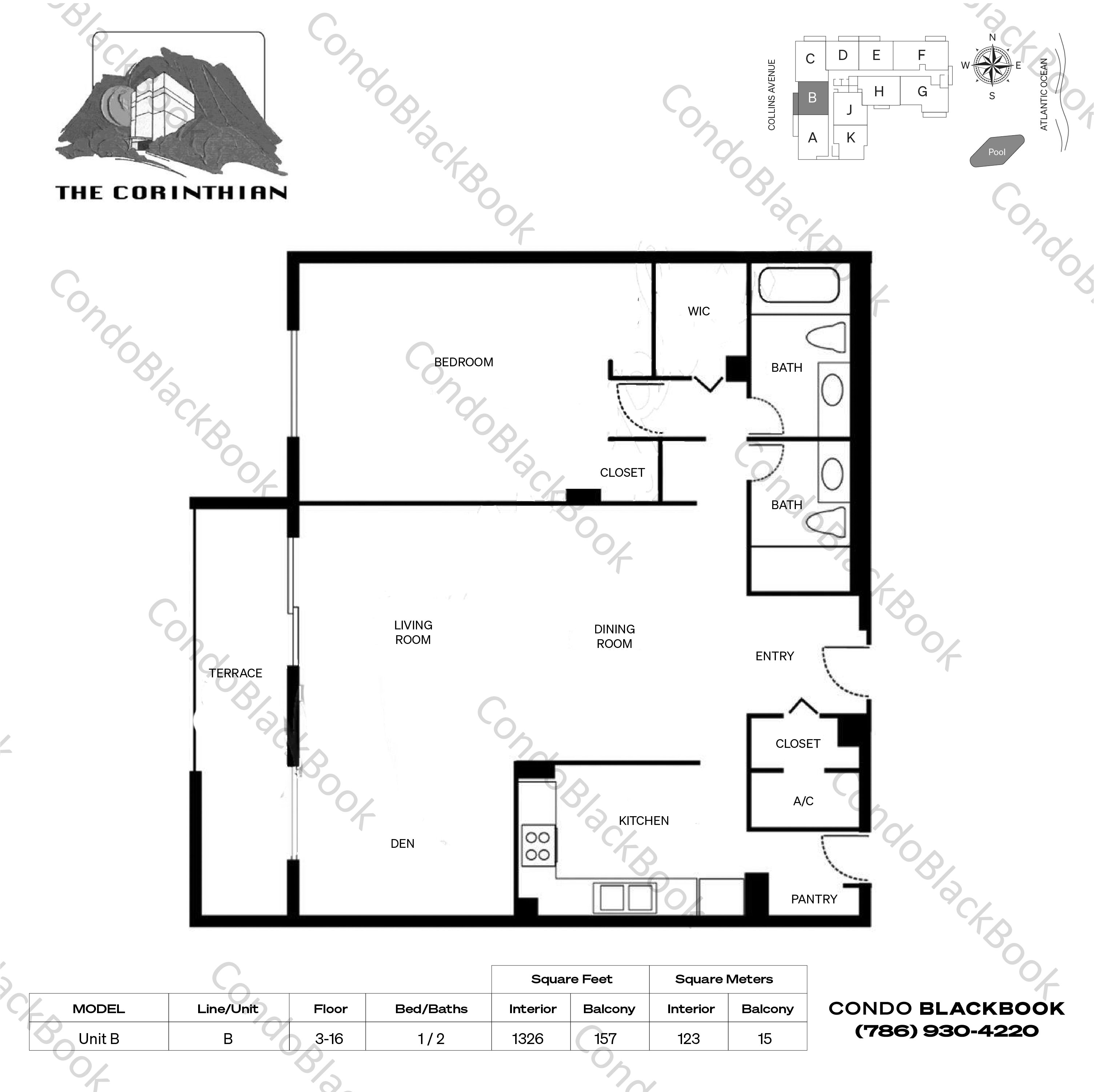 Floor plan for Corinthian Condo Mid-Beach Miami Beach, model Unit B, line B, 1 / 2 bedrooms, 1326 sq ft