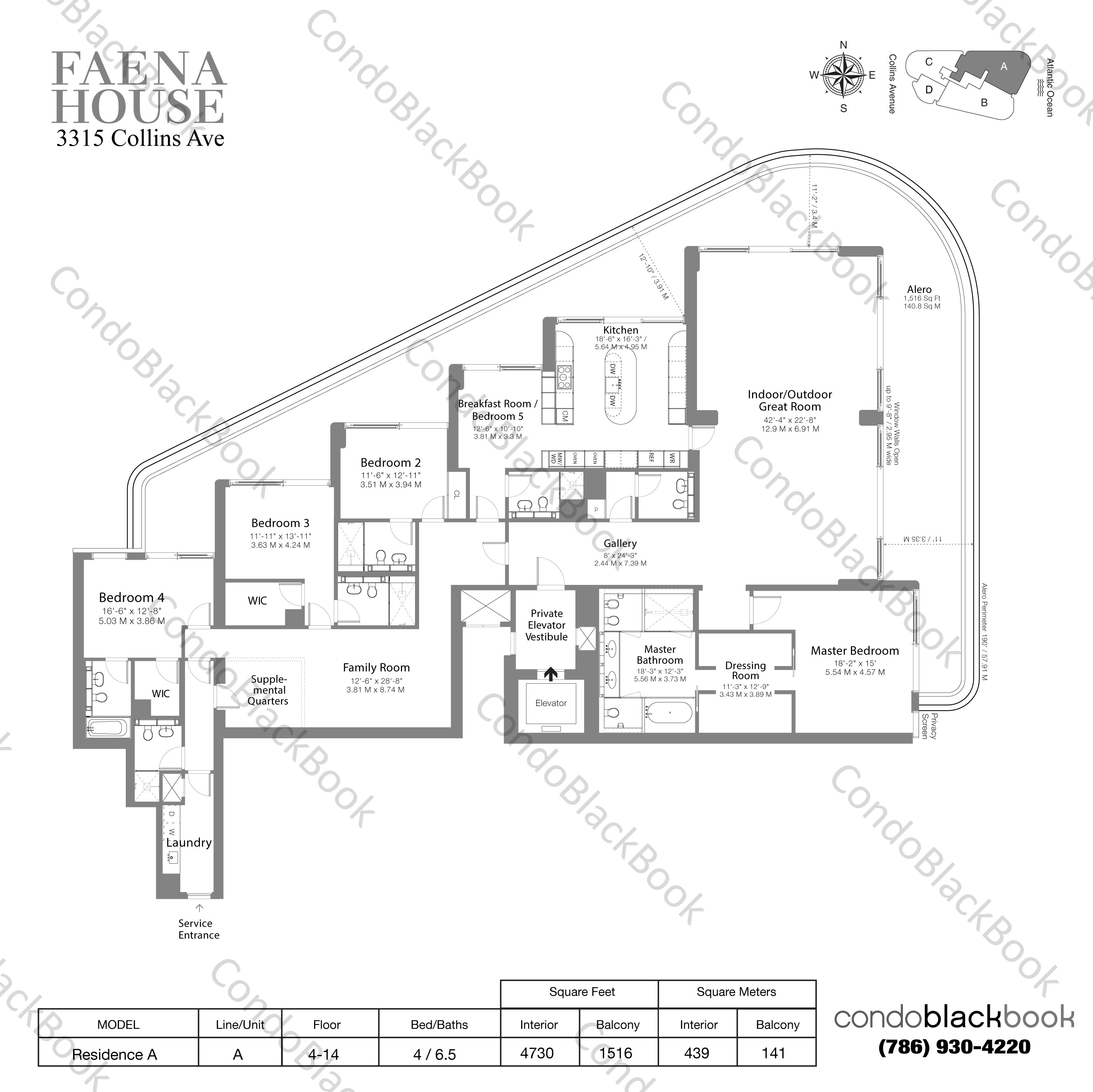 Floor plan for Faena House Mid-Beach Miami Beach, model Residence A, line A, 4 / 6.5 bedrooms, 4730 sq ft