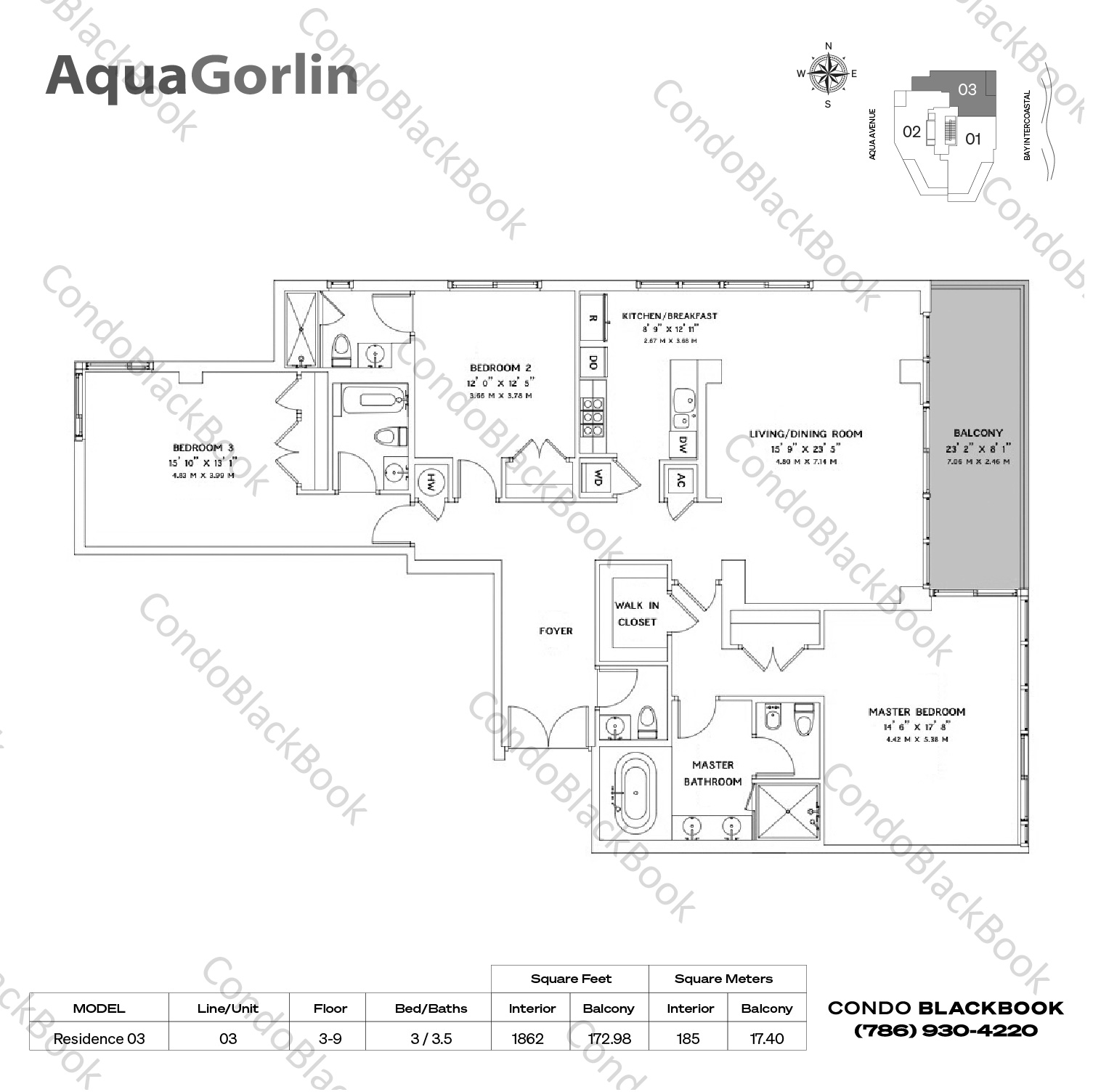 Floor plan for Gorlin at Aqua Mid-Beach Miami Beach, model Residence 03, line 03, 3 / 3.5 bedrooms, 1862 sq ft