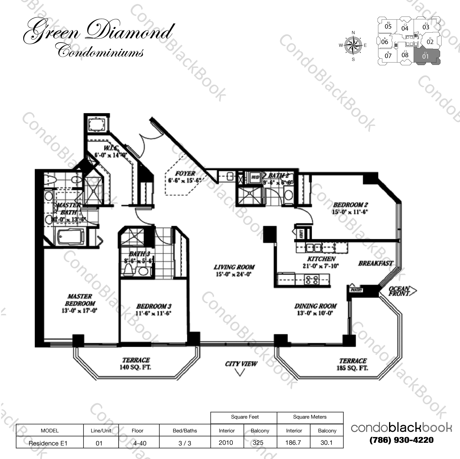 Floor plan for Green Diamond Mid-Beach Miami Beach, model Residence E1, line 01, 3 / 3 bedrooms, 2010 sq ft