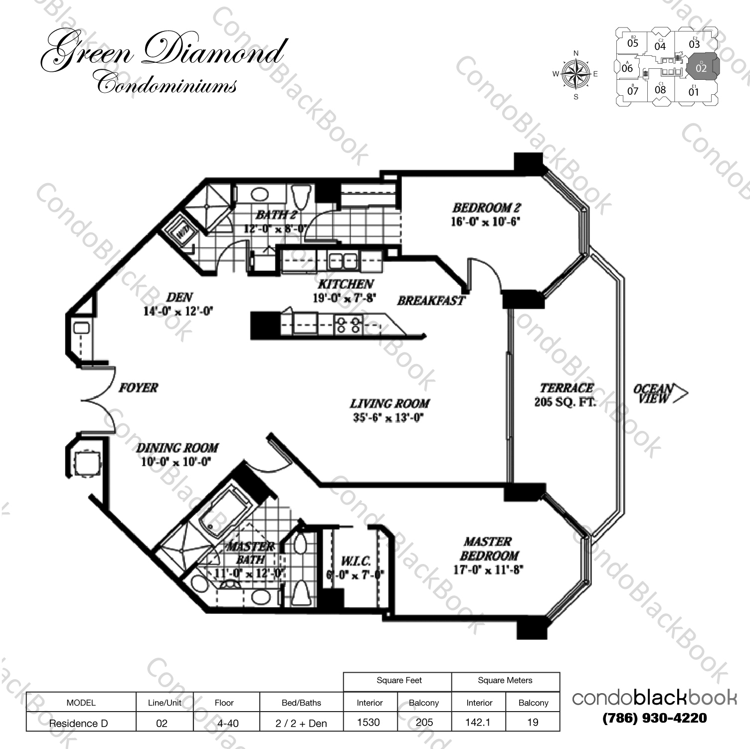 Floor plan for Green Diamond Mid-Beach Miami Beach, model Residence D, line 02, 2 / 2 + Den bedrooms, 1530 sq ft