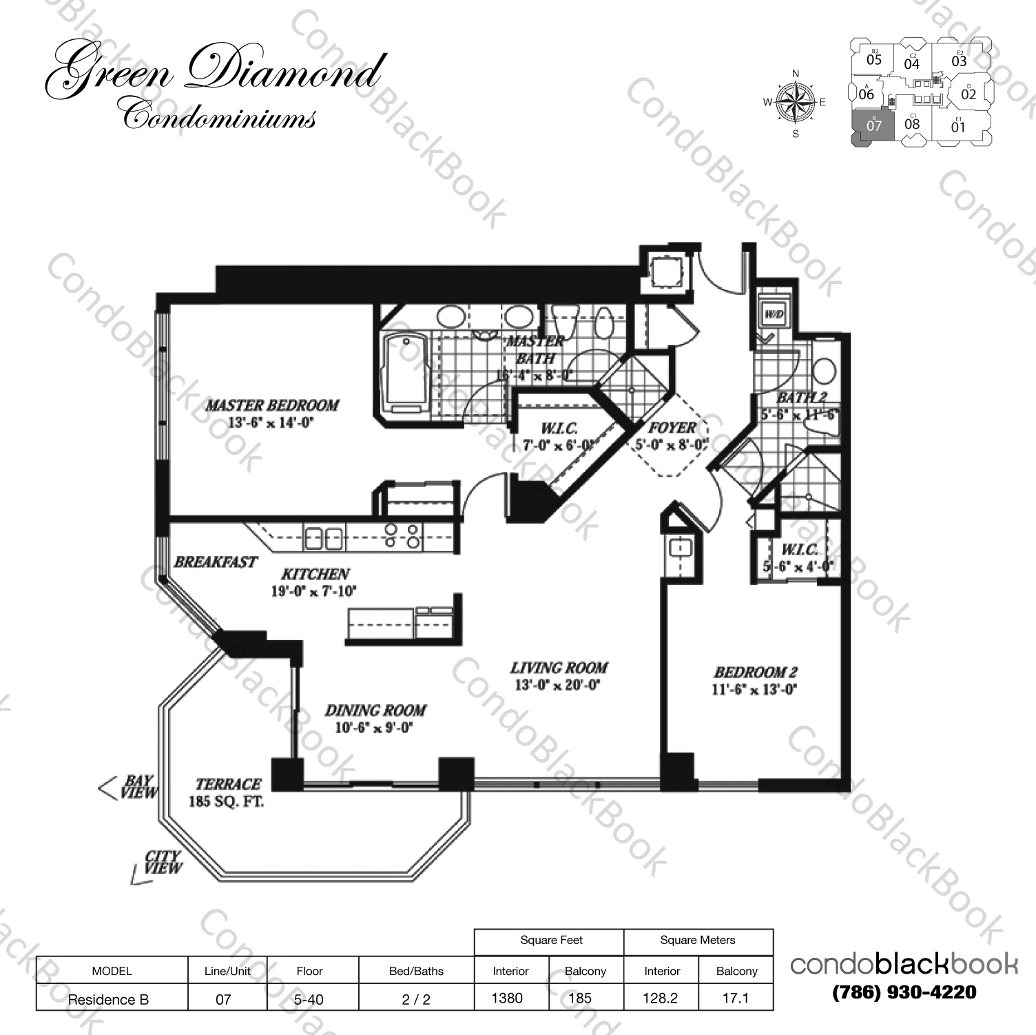 Floor plan for Green Diamond Mid-Beach Miami Beach, model Residence B, line 07, 2 / 2 bedrooms, 1380 sq ft