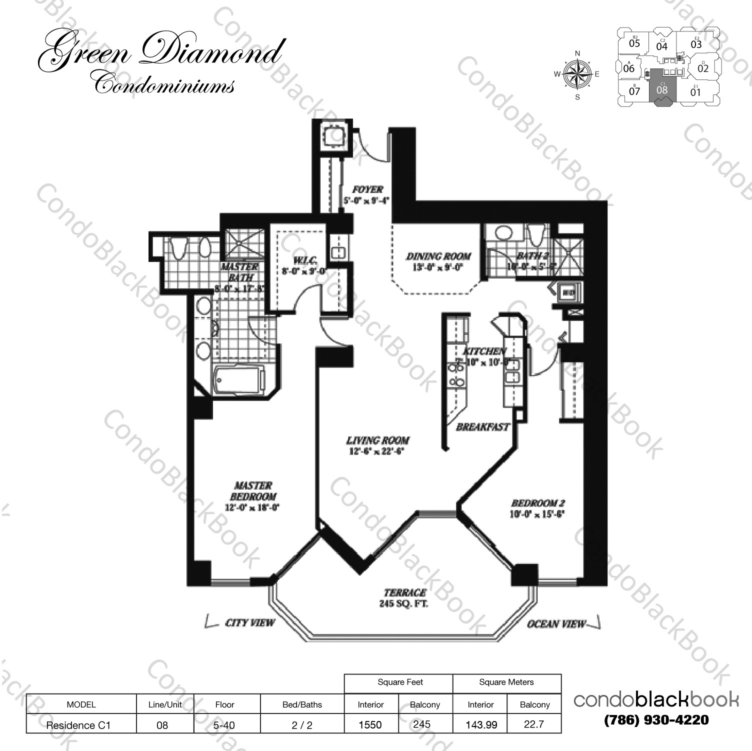 Floor plan for Green Diamond Mid-Beach Miami Beach, model Residence C1, line 08, 2 / 2 bedrooms, 1550 sq ft