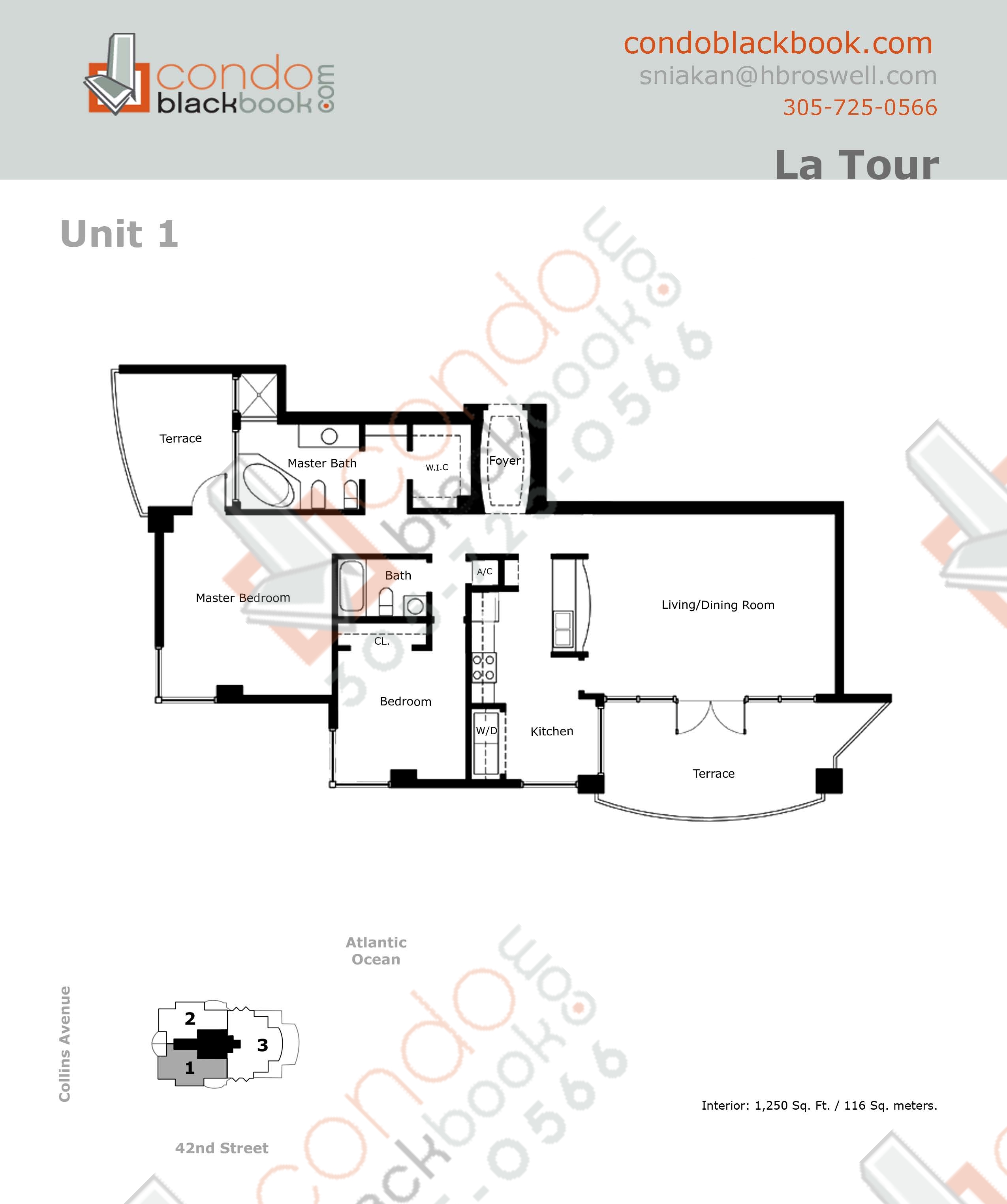Floor plan for La Tour Mid-Beach Miami Beach, model 01, line 01, 2/2 bedrooms, 1250 sq ft
