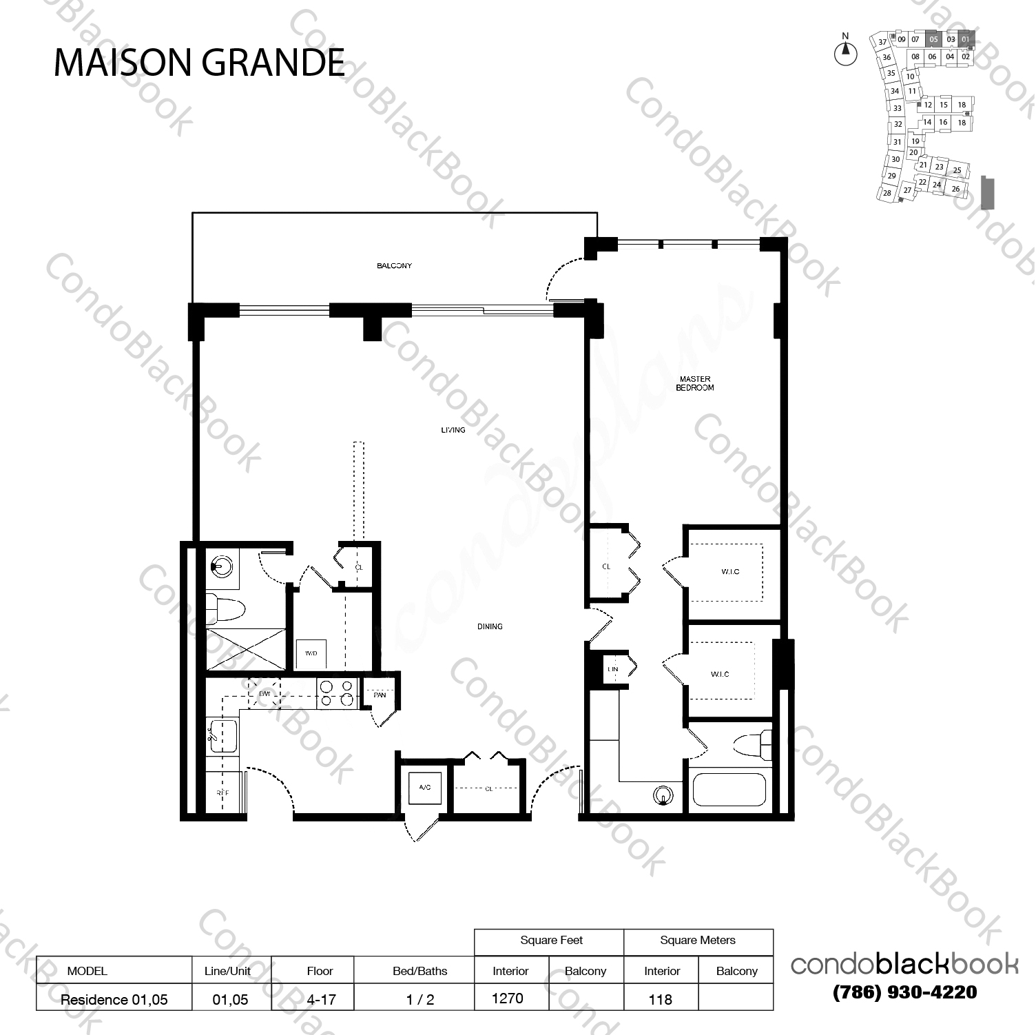 Floor plan for Maison Grande Mid-Beach Miami Beach, model Residence 01,05, line 01,05, 1 / 2 bedrooms, 1270 sq ft