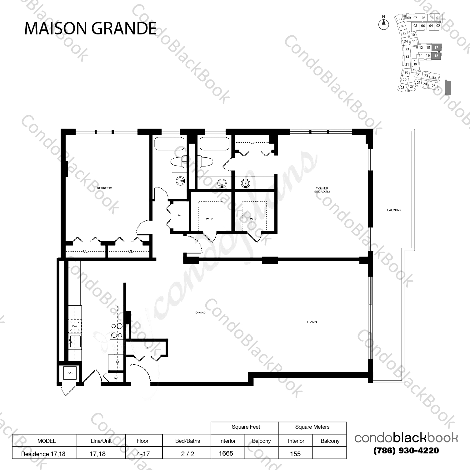 Floor plan for Maison Grande Mid-Beach Miami Beach, model Residence 17,18, line 17,18 , 2 / 2 bedrooms, 1665 sq ft