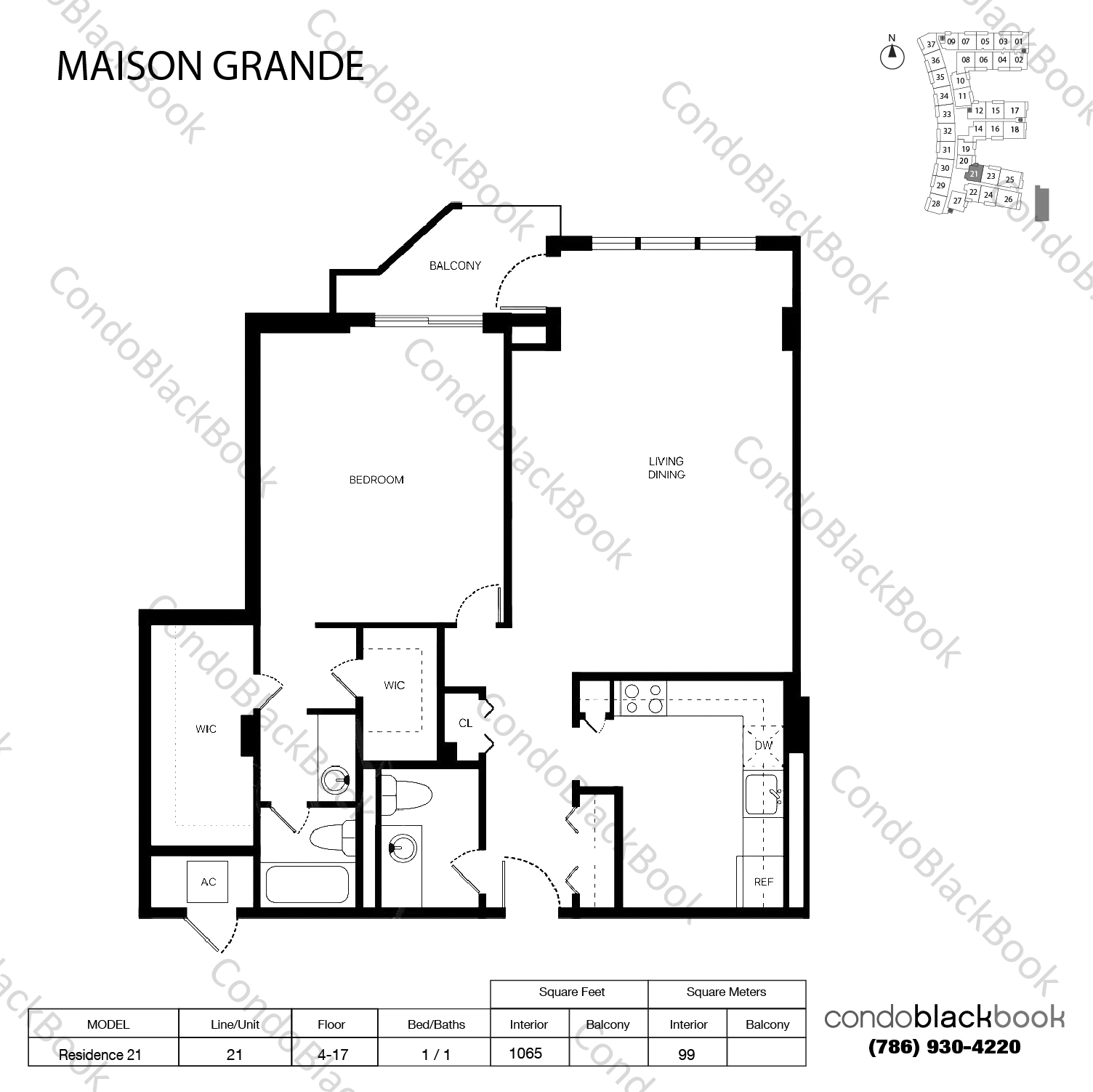 Floor plan for Maison Grande Mid-Beach Miami Beach, model Residence 21, line 21, 1 / 1 bedrooms, 1065 sq ft