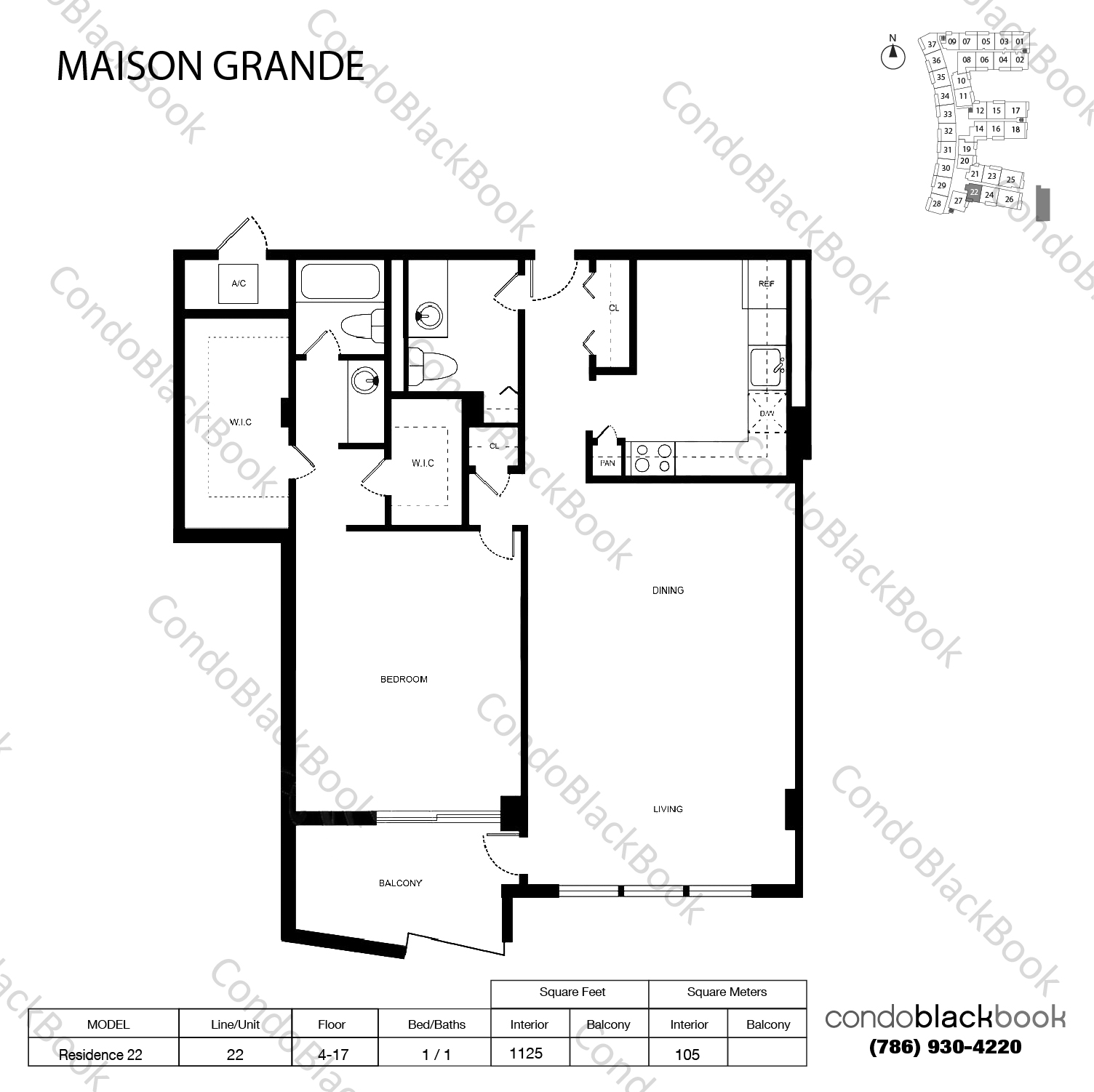 Floor plan for Maison Grande Mid-Beach Miami Beach, model Residence 22, line 22, 1 / 1 bedrooms, 1125 sq ft