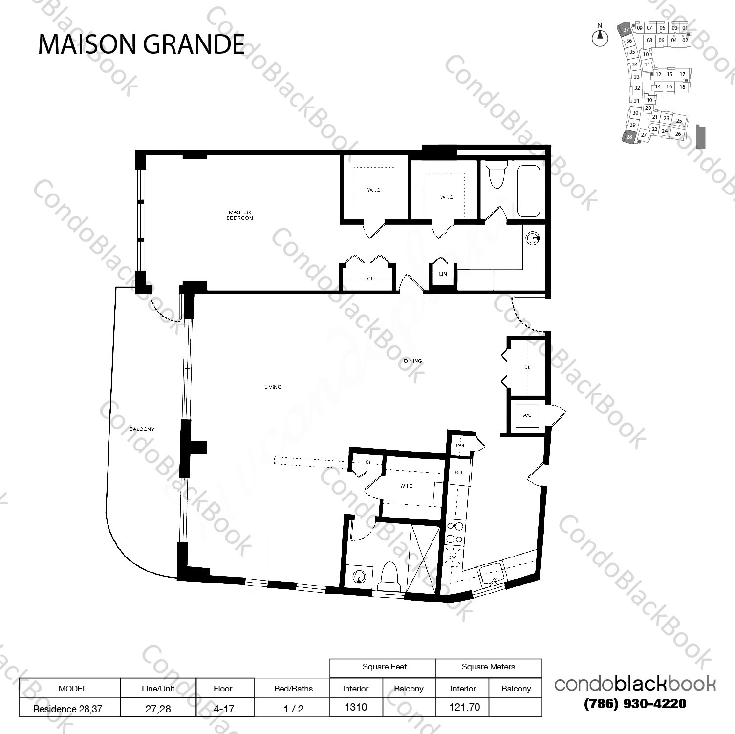 Floor plan for Maison Grande Mid-Beach Miami Beach, model Residence 28,37, line 28,37, 1 / 2 bedrooms, 1310 sq ft