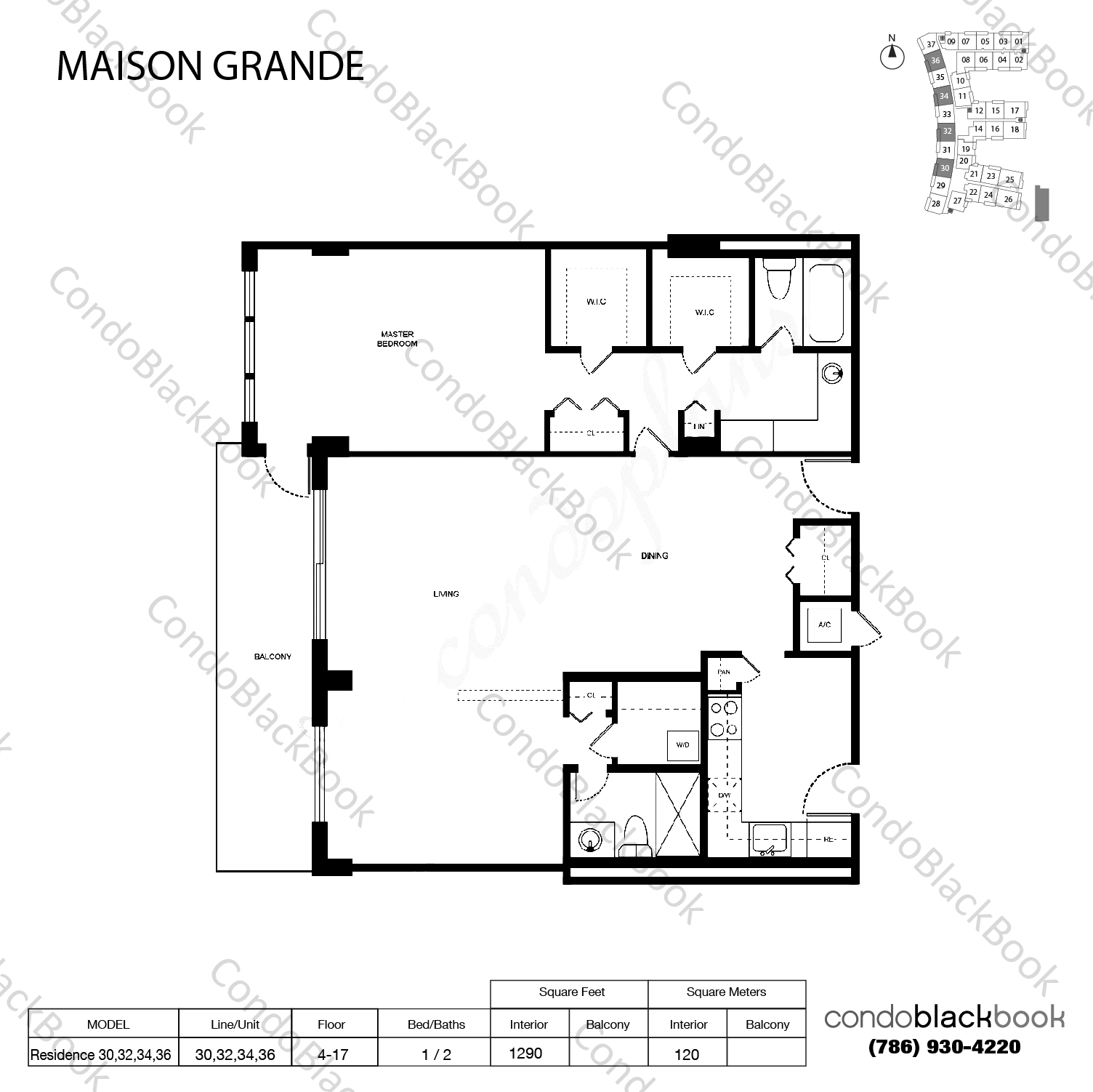 Floor plan for Maison Grande Mid-Beach Miami Beach, model Residence 30,32,34,36, line 30,32,34,36, 1 / 2 bedrooms, 1290 sq ft