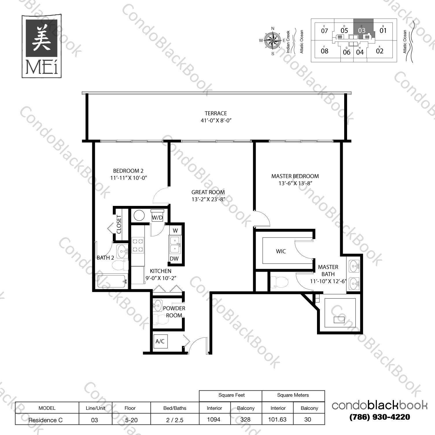 Floor plan for Mei Mid-Beach Miami Beach, model Residence C, line 03, 2 / 2.5 bedrooms, 1094 sq ft