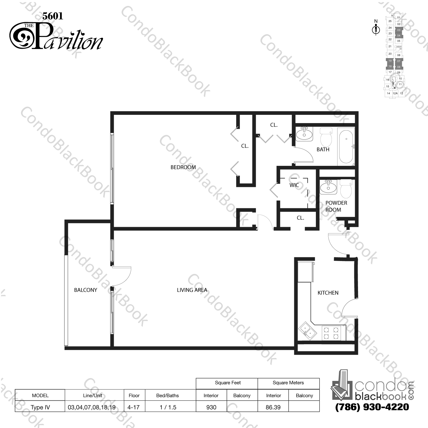 Floor plan for Pavilion Mid-Beach Miami Beach, model Type IV , line 03,04,07,08,18,19, 1 / 1.5 bedrooms, 930 sq ft
