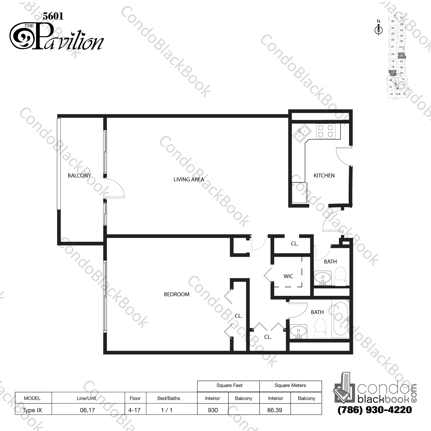Floor plan for Pavilion Mid-Beach Miami Beach, model Type IX, line 06,17, 1 / 1.5 bedrooms, 930 sq ft