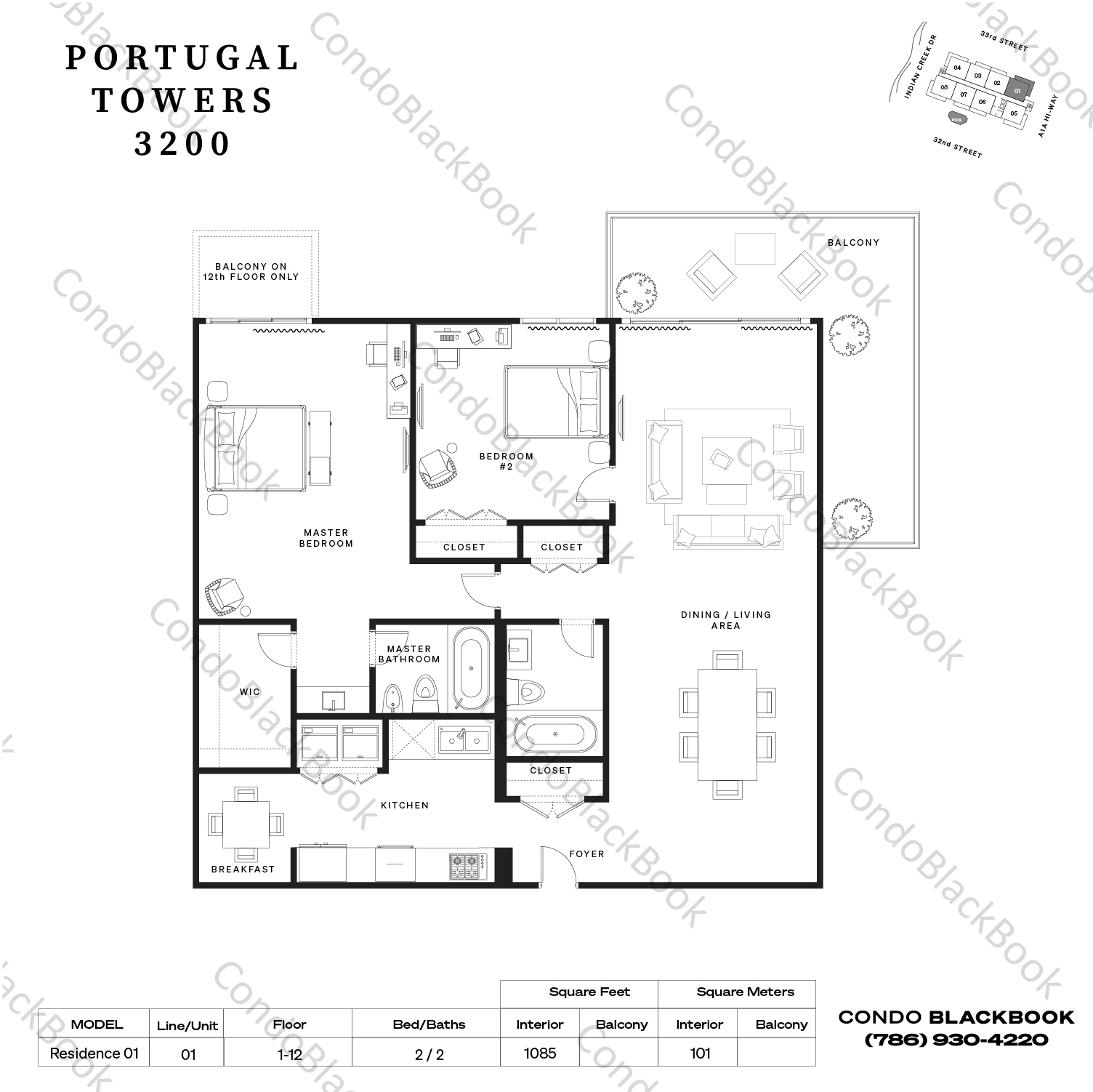 Floor plan for Portugal Towers Mid-Beach Miami Beach, model Residence 01, line 01, 2 / 2 bedrooms, 1085 sq ft