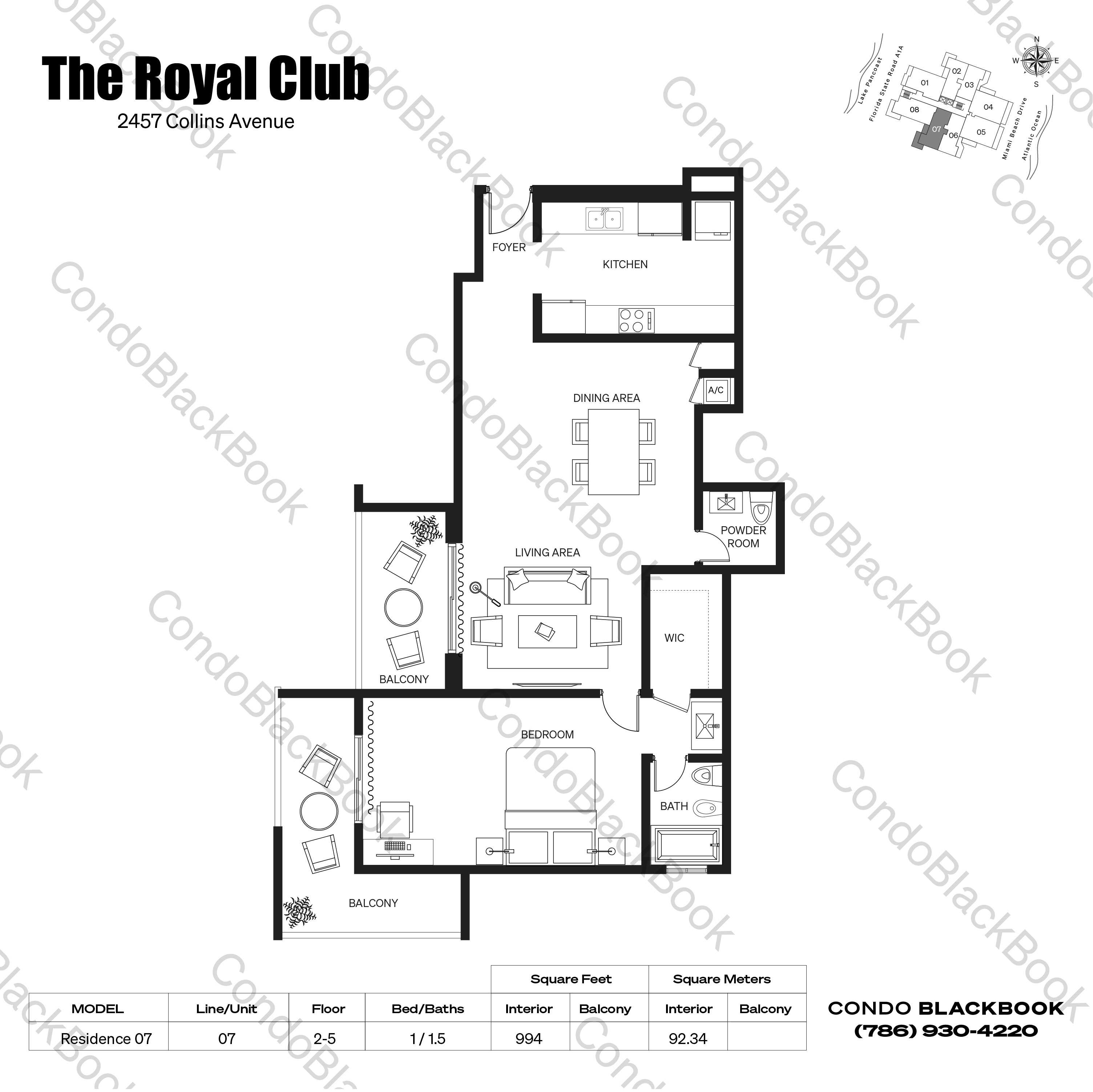 Floor plan for Royal Club Condo Mid-Beach Miami Beach, model Residence 07, line 07, 1 / 1.5 bedrooms, 994 sq ft