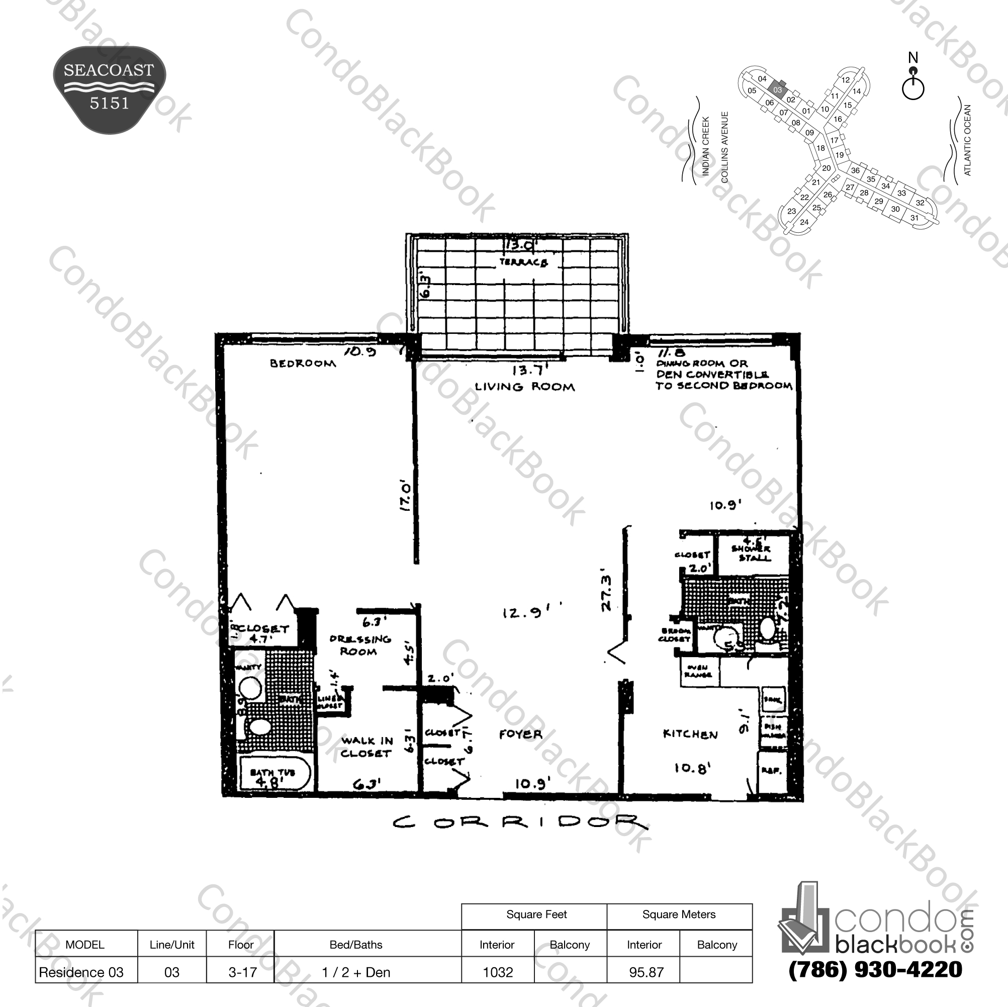 Floor plan for Seacoast 5151 Mid-Beach Miami Beach, model Residence 03, line 03, 1 / 2 + Den bedrooms, 1032 sq ft