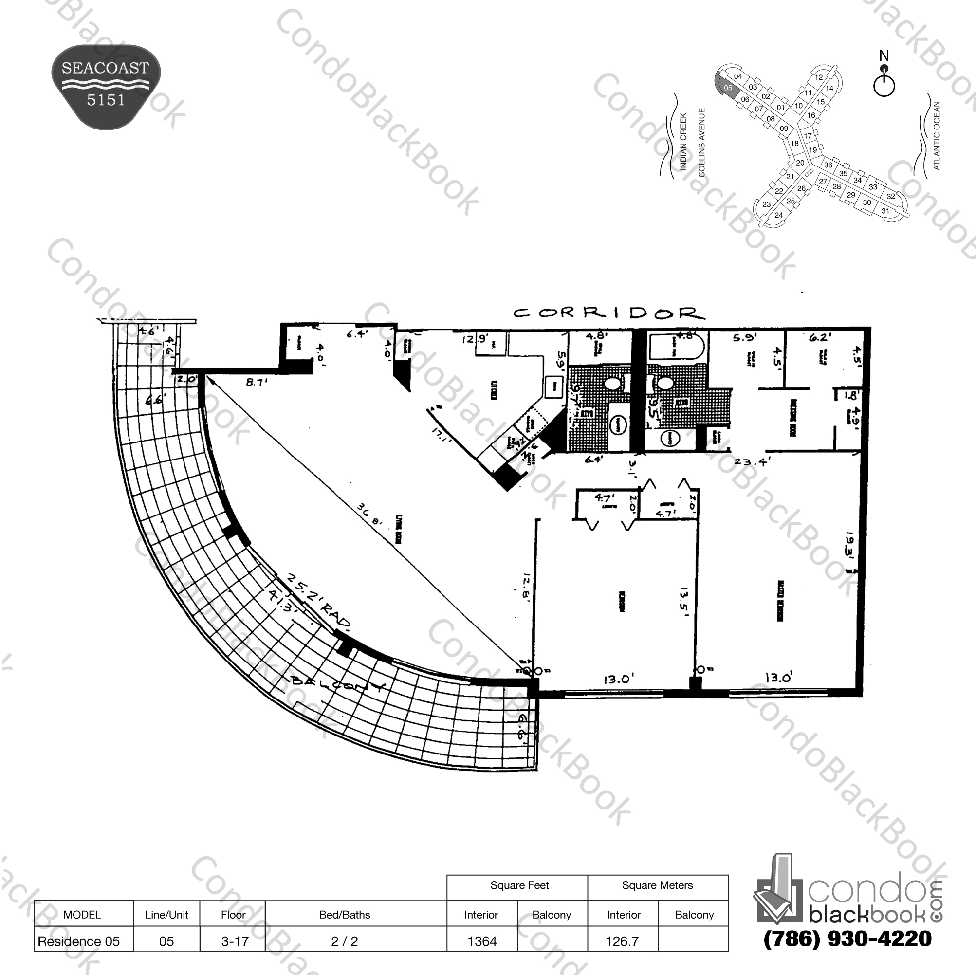 Floor plan for Seacoast 5151 Mid-Beach Miami Beach, model Residence 05, line 05, 2 / 2 bedrooms, 1364 sq ft