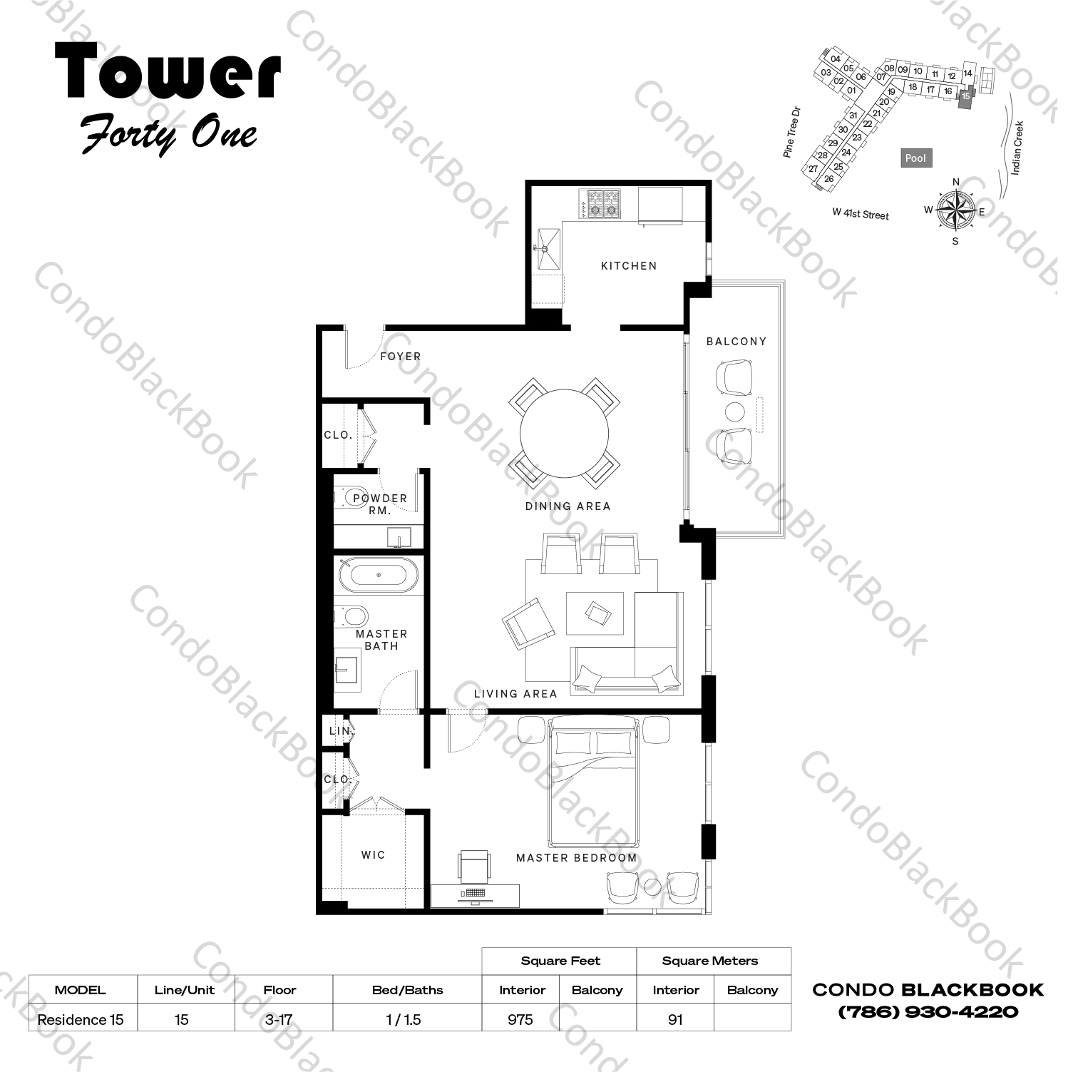 Floor plan for Tower 41 Mid-Beach Miami Beach, model Residence 15, line 15, 1 / 1.5 bedrooms, 975 sq ft
