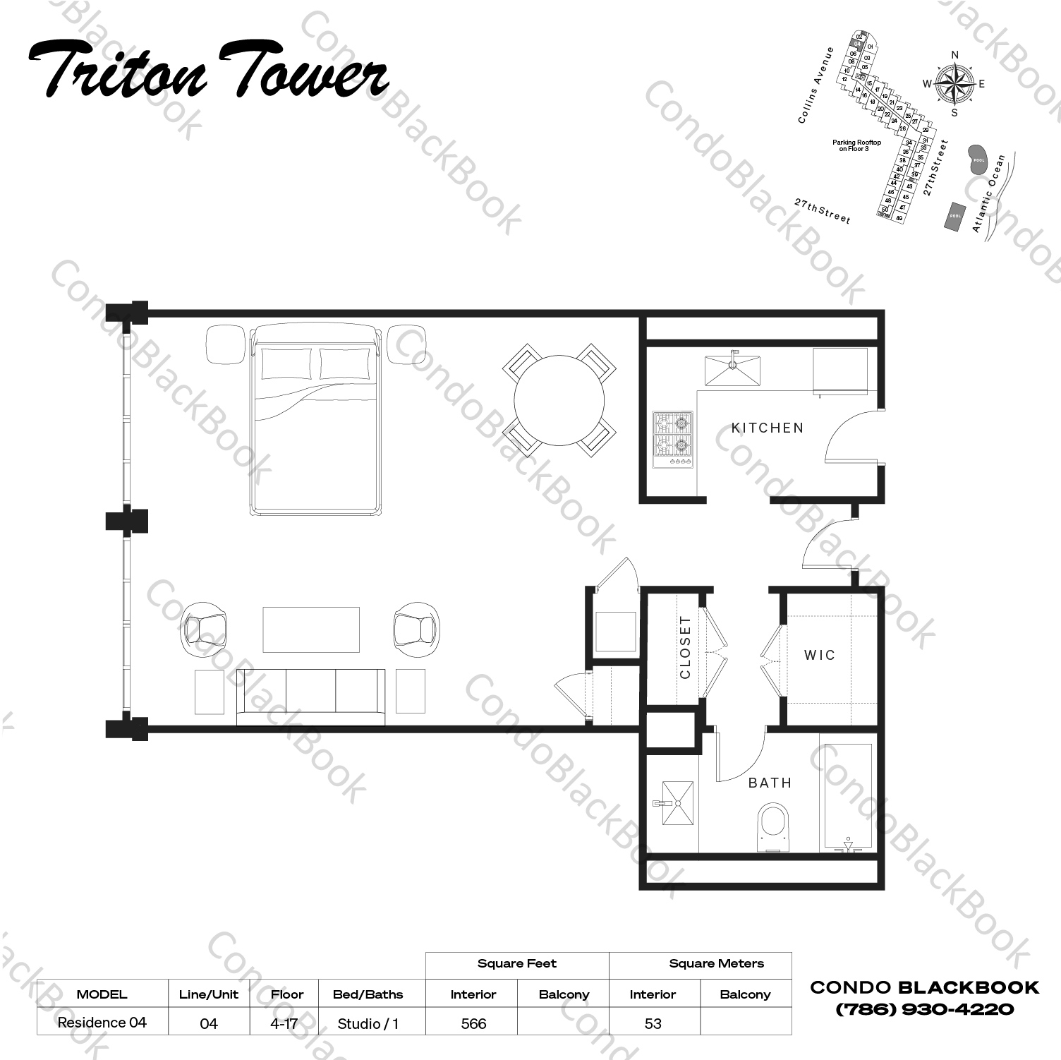 Floor plan for Triton Towers Mid-Beach Miami Beach, model Residence 04, line 04, Studio / 1 bedrooms, 566 sq ft