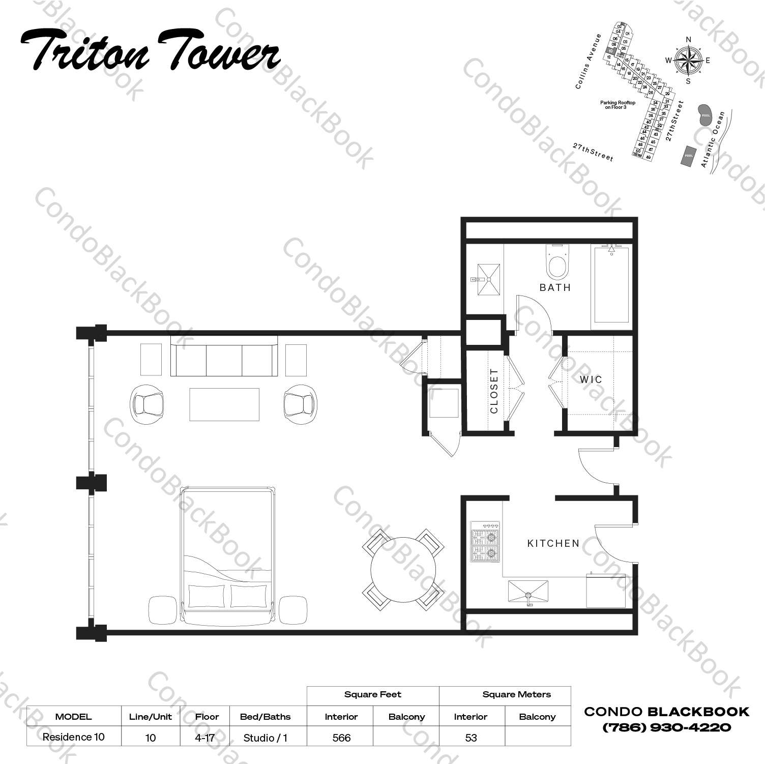 Floor plan for Triton Towers Mid-Beach Miami Beach, model Residence 10, line 10, Studio / 1 bedrooms, 566 sq ft