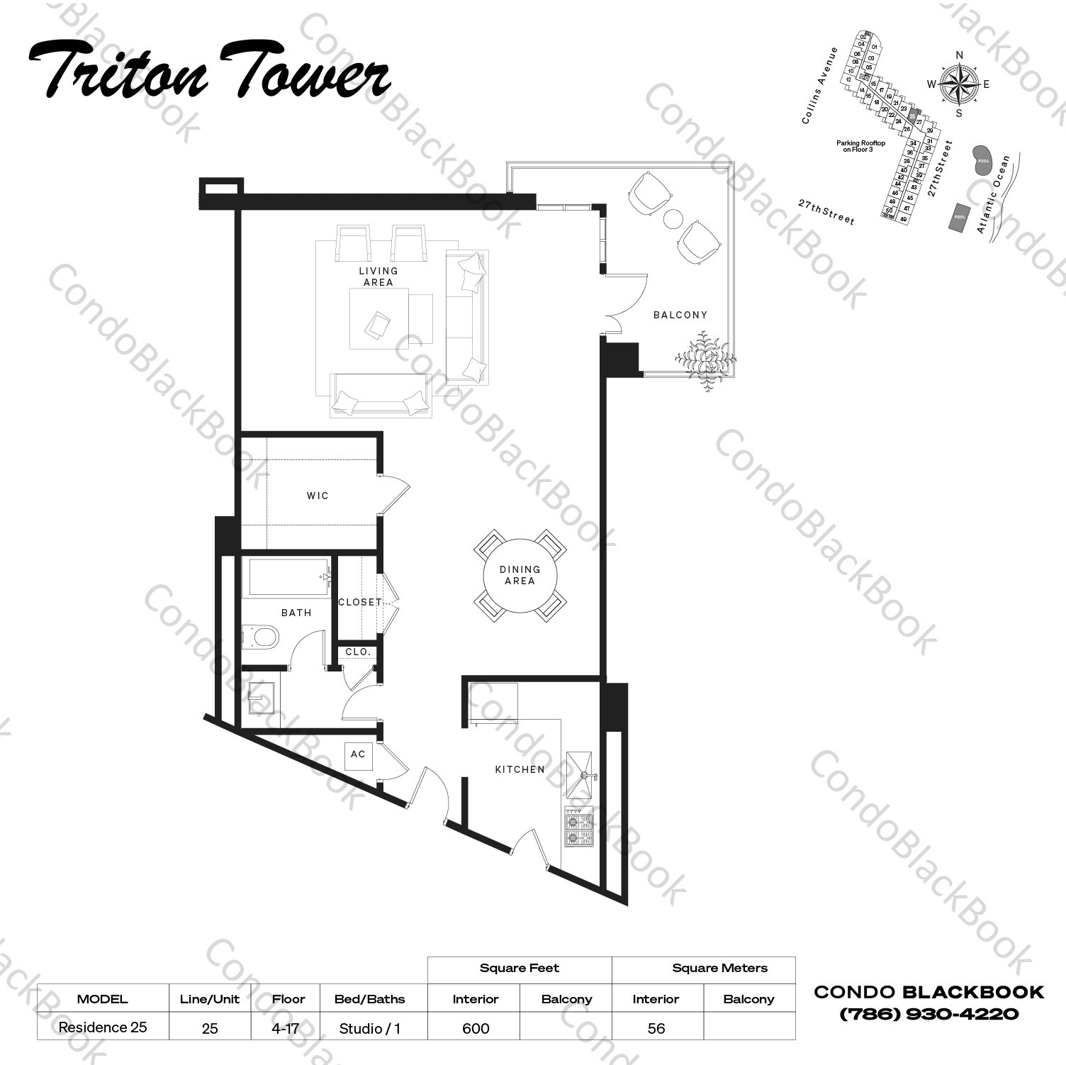 Floor plan for Triton Towers Mid-Beach Miami Beach, model Residence 25, line 25, Studio / 1 bedrooms, 600 sq ft