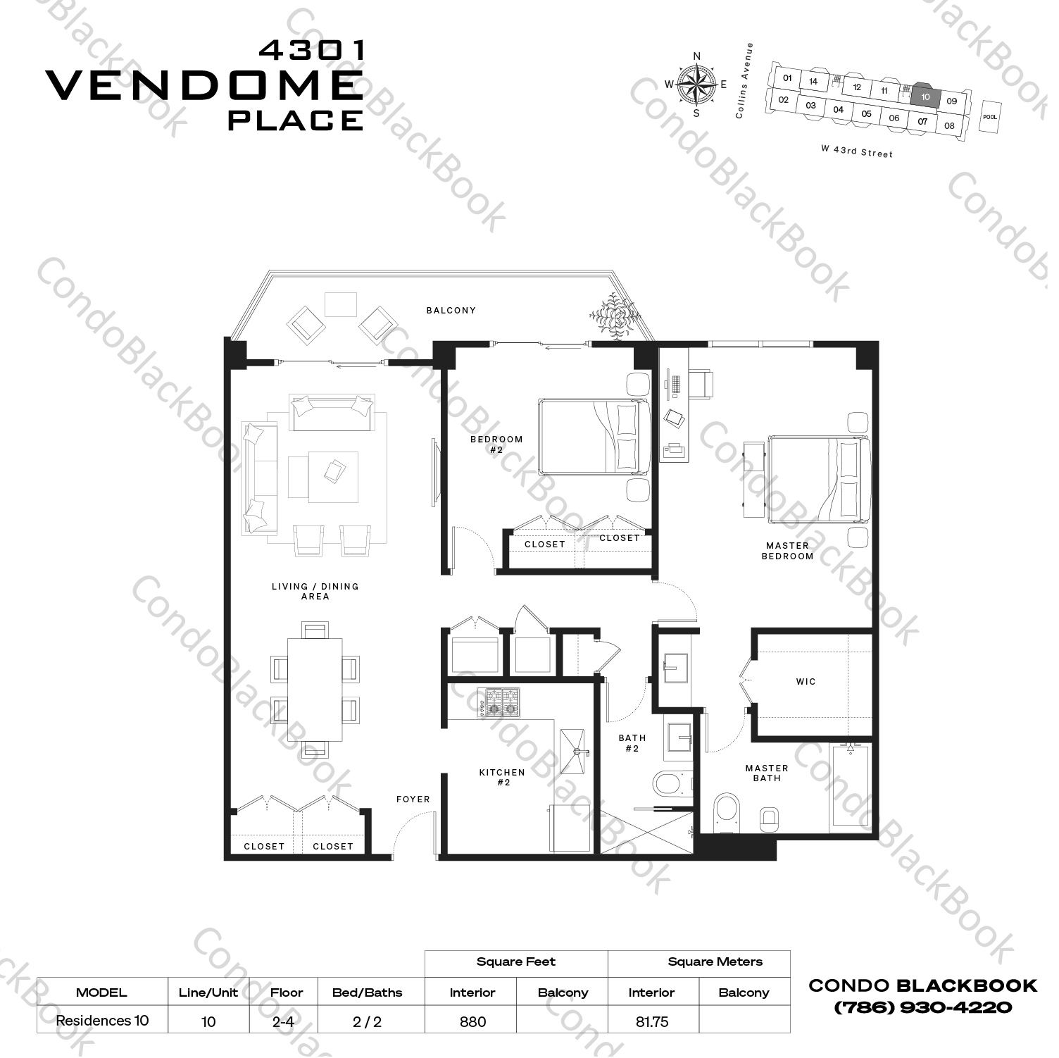 Floor plan for Vendome Place Mid-Beach Miami Beach, model Residences 10, line 10, 2 / 2 bedrooms, 880 sq ft
