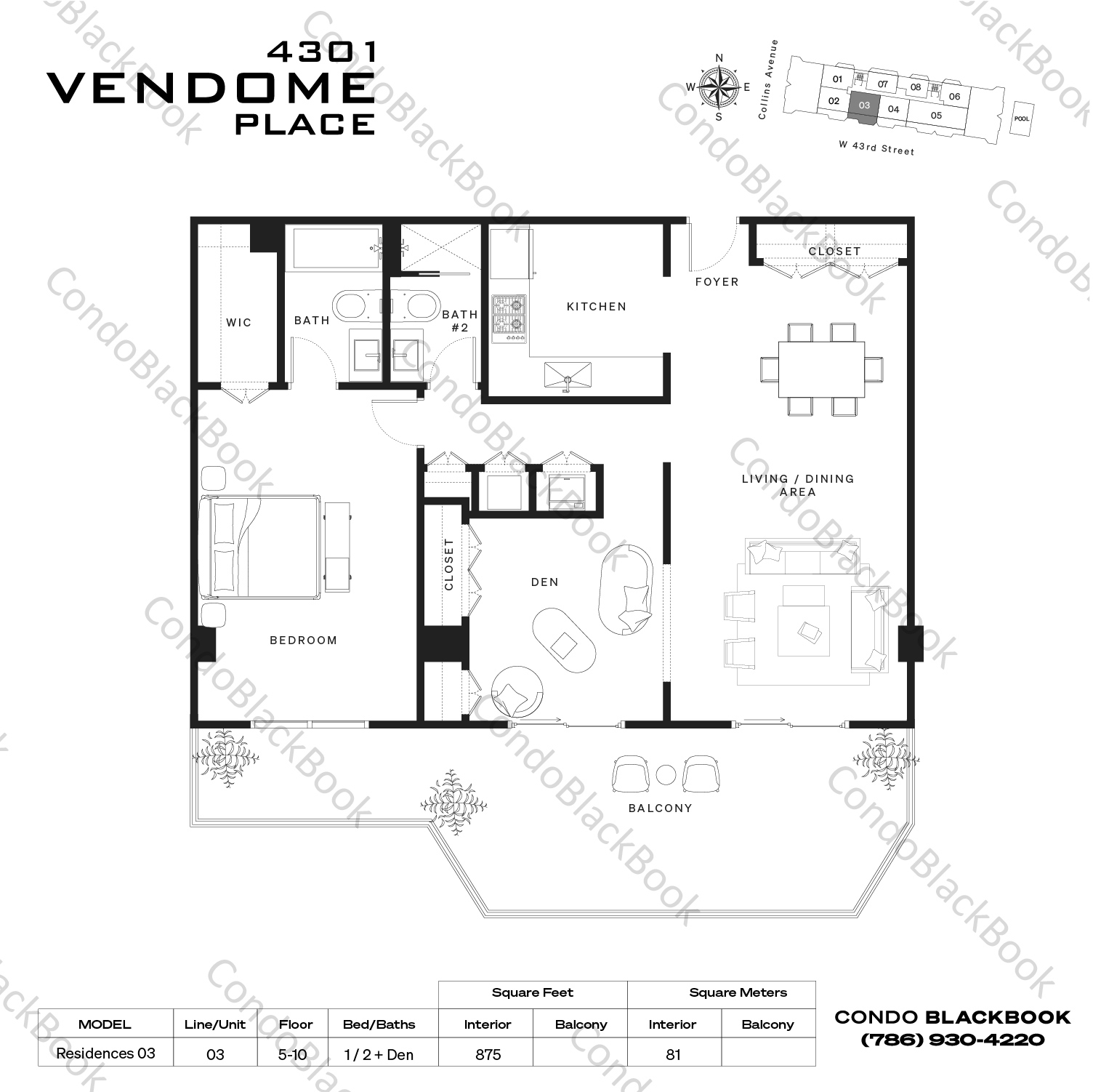 Floor plan for Vendome Place Mid-Beach Miami Beach, model Residences 03, line 03, 1 / 2 + Den bedrooms, 875 sq ft