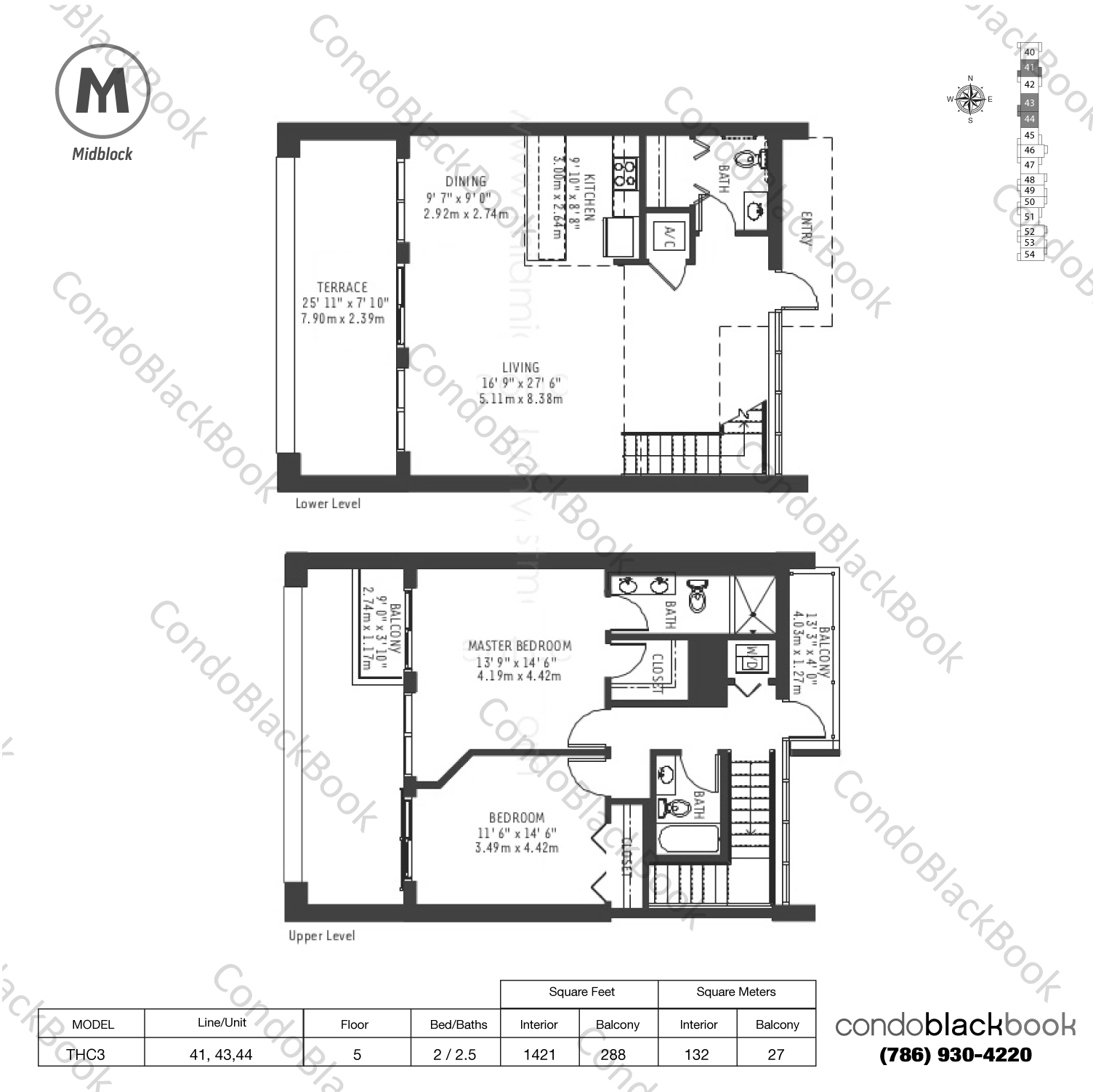 Floor plan for Midblock Condominium Midtown Miami, model THC3, line 45,47,51, 2 / 2.5 bedrooms, 1421 sq ft