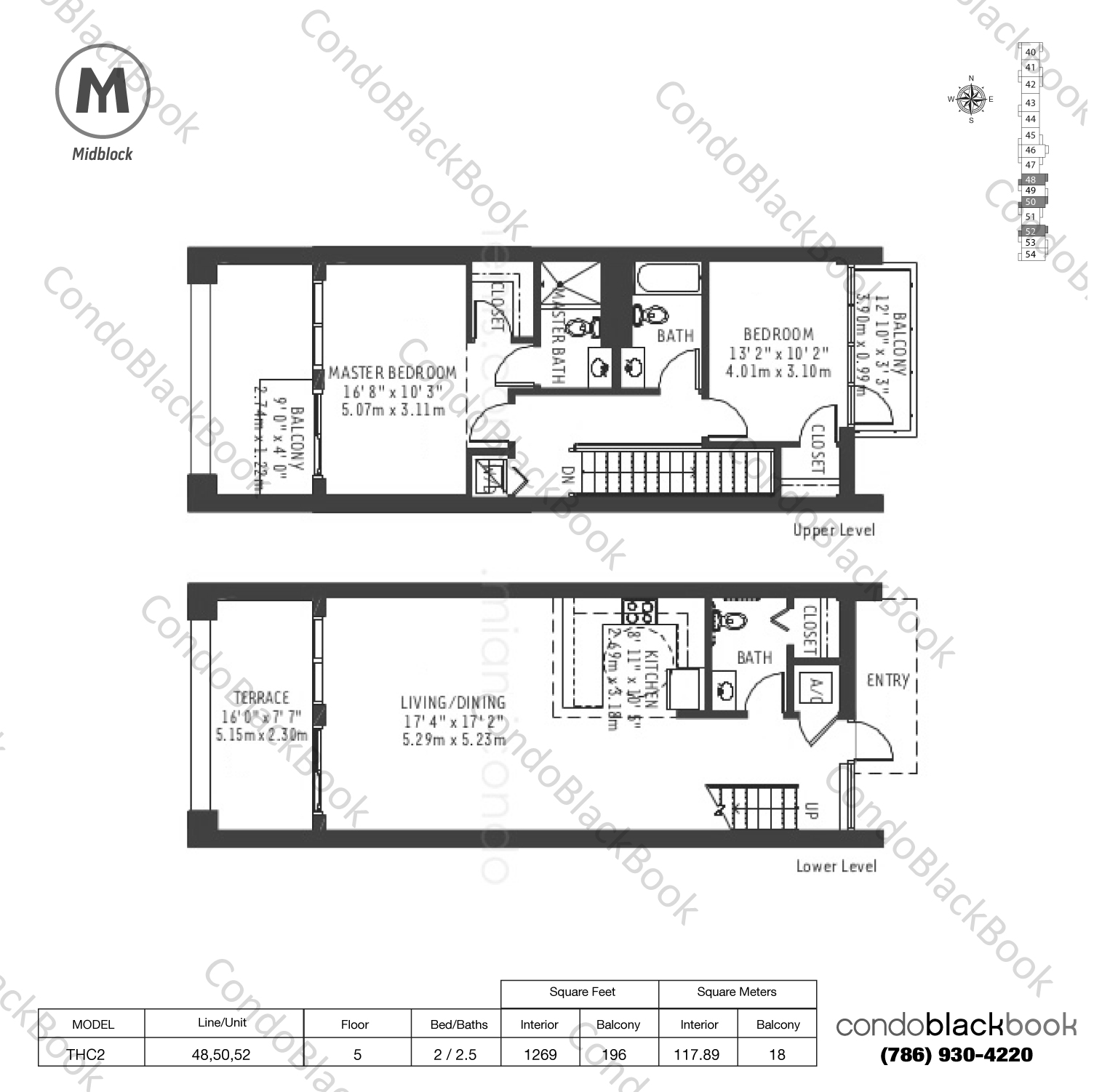 Floor plan for Midblock Condominium Midtown Miami, model THC2, line 48,50,52, 2 / 2.5 bedrooms, 1269 sq ft