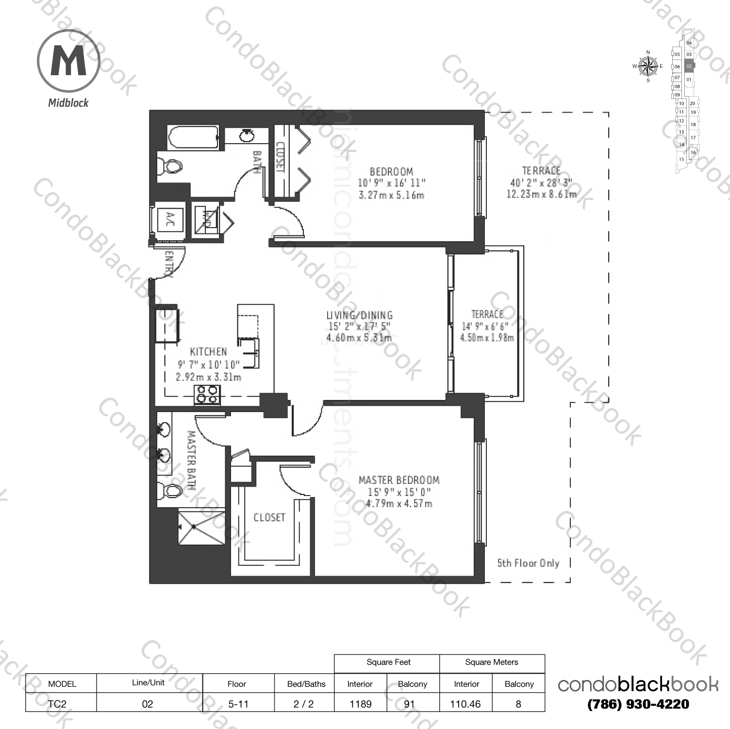 Floor plan for Midblock Condominium Midtown Miami, model TC2, line 02, 2 / 2 bedrooms, 1189 sq ft