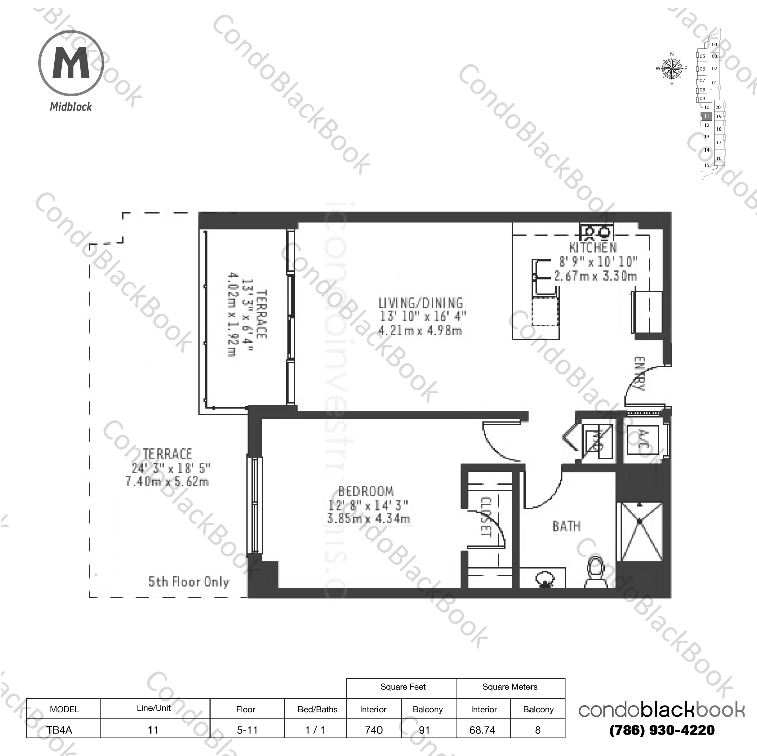 Floor plan for Midblock Condominium Midtown Miami, model TB4A, line 11, 1 / 1 bedrooms, 740 sq ft