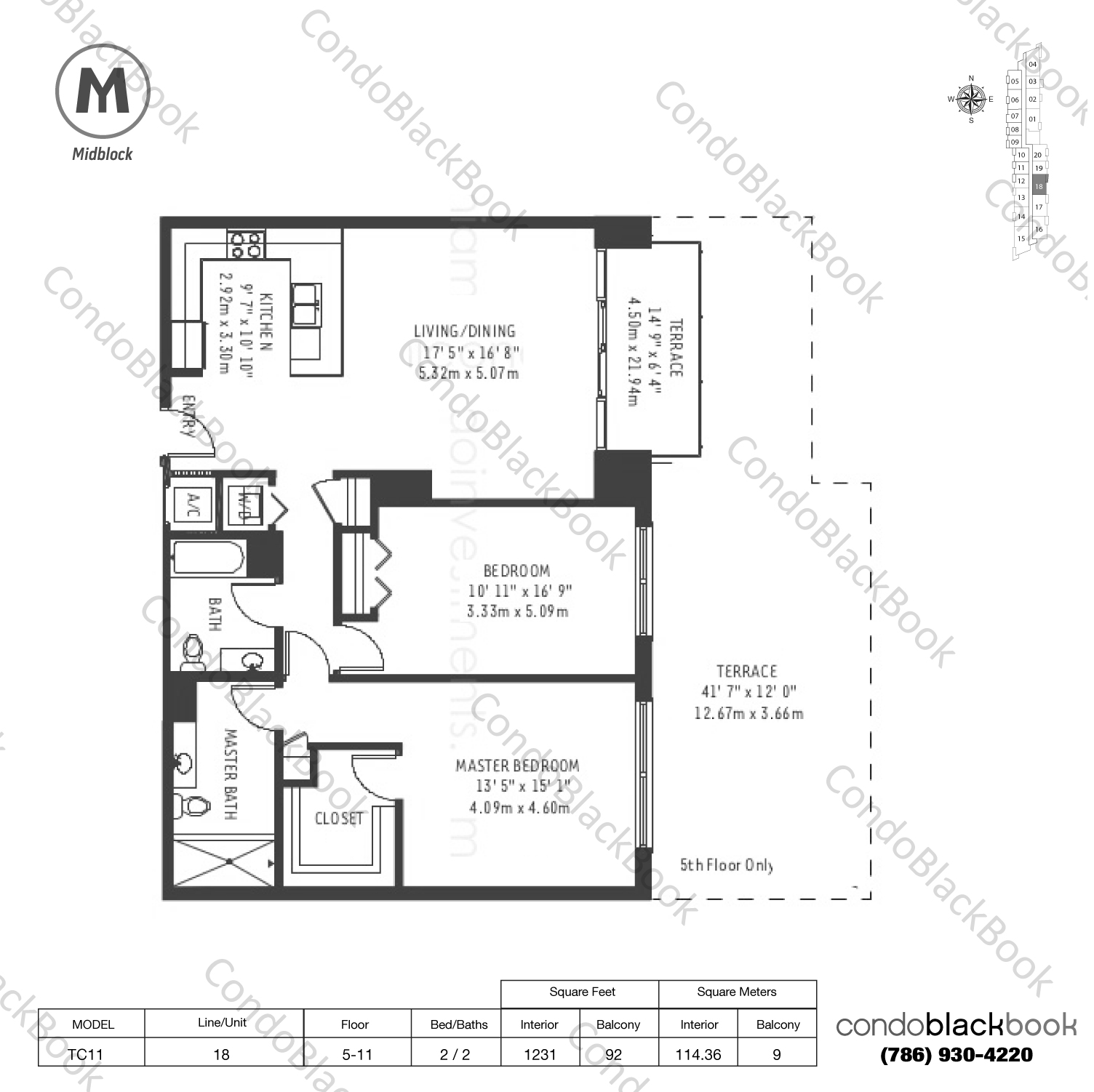 Floor plan for Midblock Condominium Midtown Miami, model TC9, line 16, 2 / 2 bedrooms, 1190 sq ft