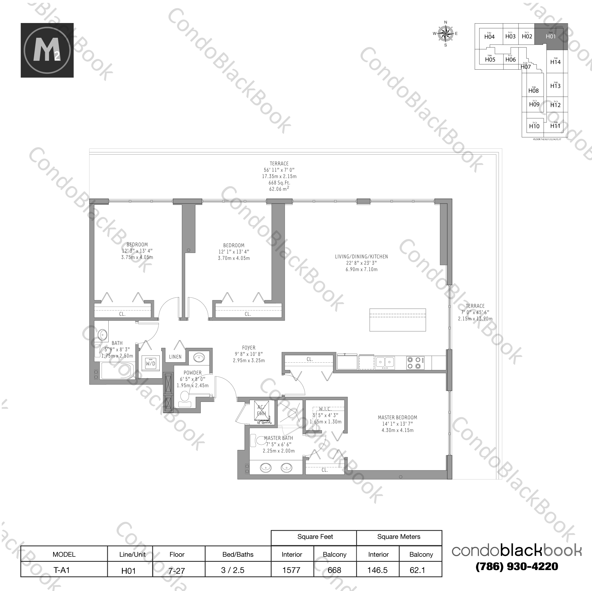 Floor plan for Midtown 2 Midtown Miami, model T-A1, line H01, 3 / 2.5 bedrooms, 1577 sq ft