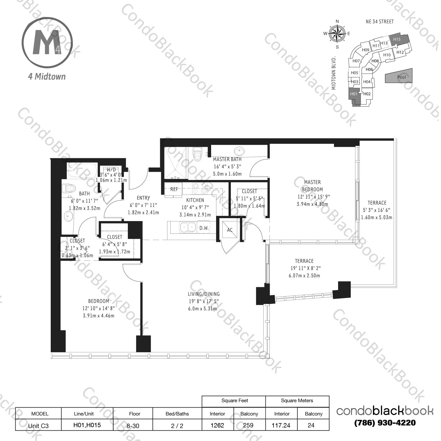 Floor plan for Midtown 4 Midtown Miami, model Unit C3, line H01,H15, 2 / 2 bedrooms, 1262 sq ft
