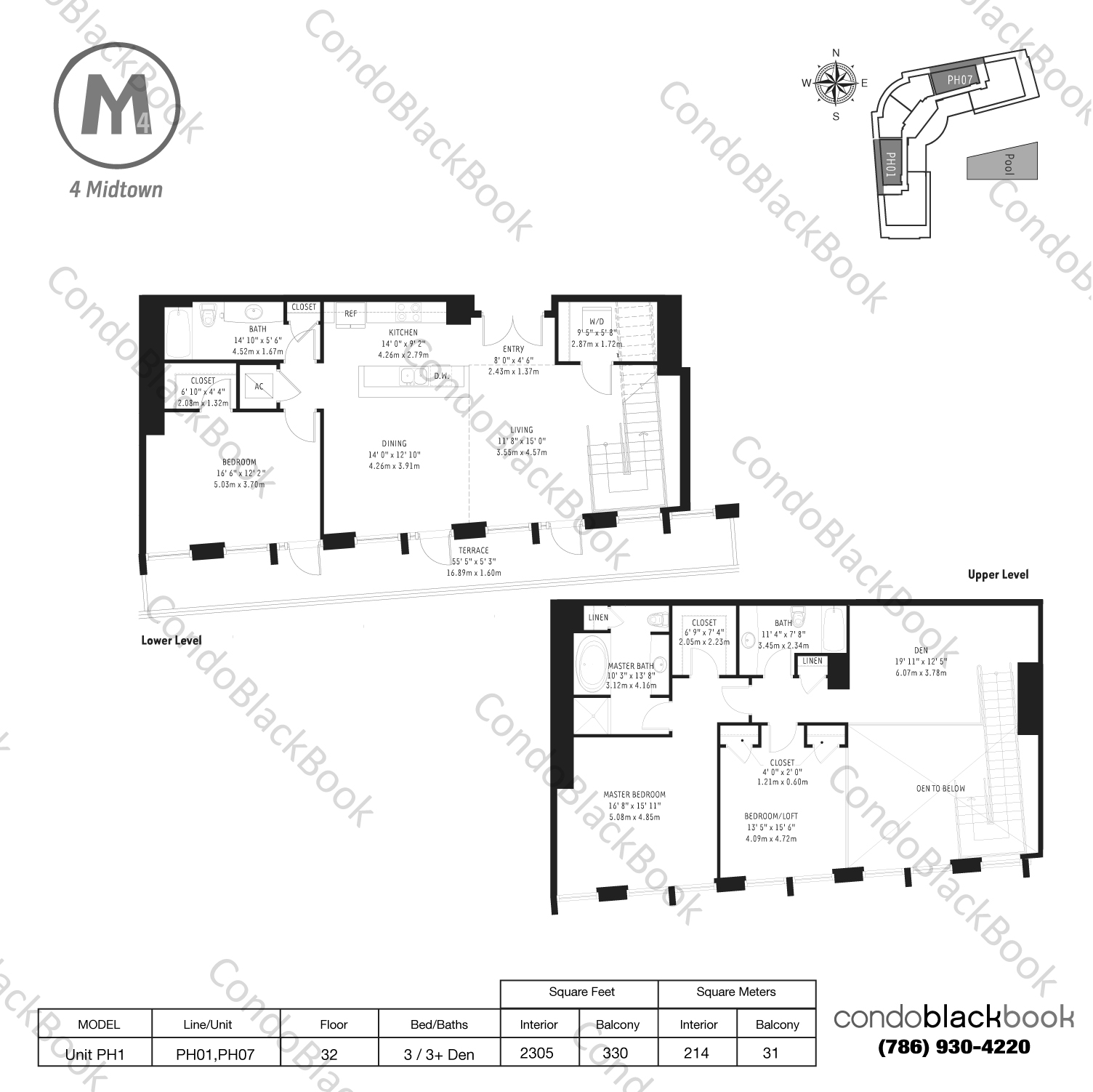 Floor plan for Midtown 4 Midtown Miami, model Unit PH1, line PH01,PH07, 3 / 3+ Den bedrooms, 2305 sq ft