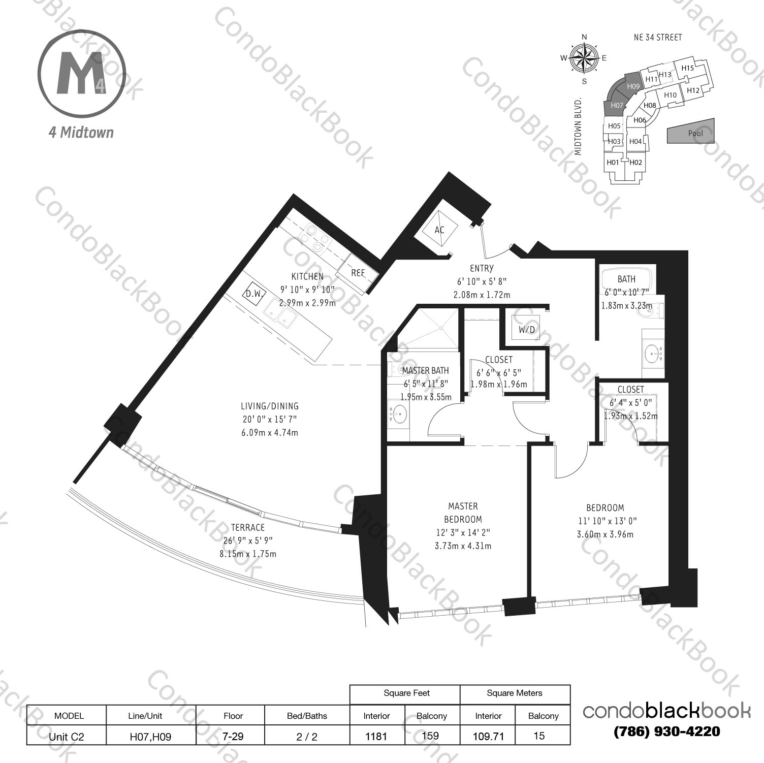 Floor plan for Midtown 4 Midtown Miami, model Unit C2, line H07,H09, 2 / 2 bedrooms, 1181 sq ft