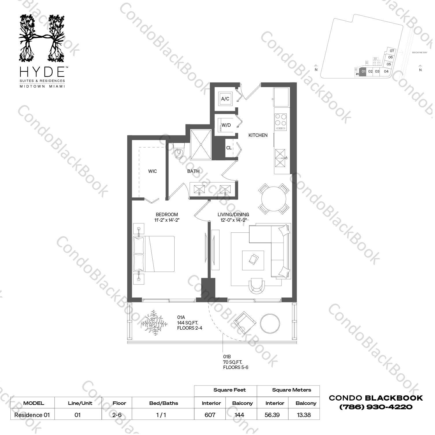 Floor plan for Hyde Midtown Midtown Miami, model Residence 01, line 01, 1 / 1 bedrooms, 607 sq ft
